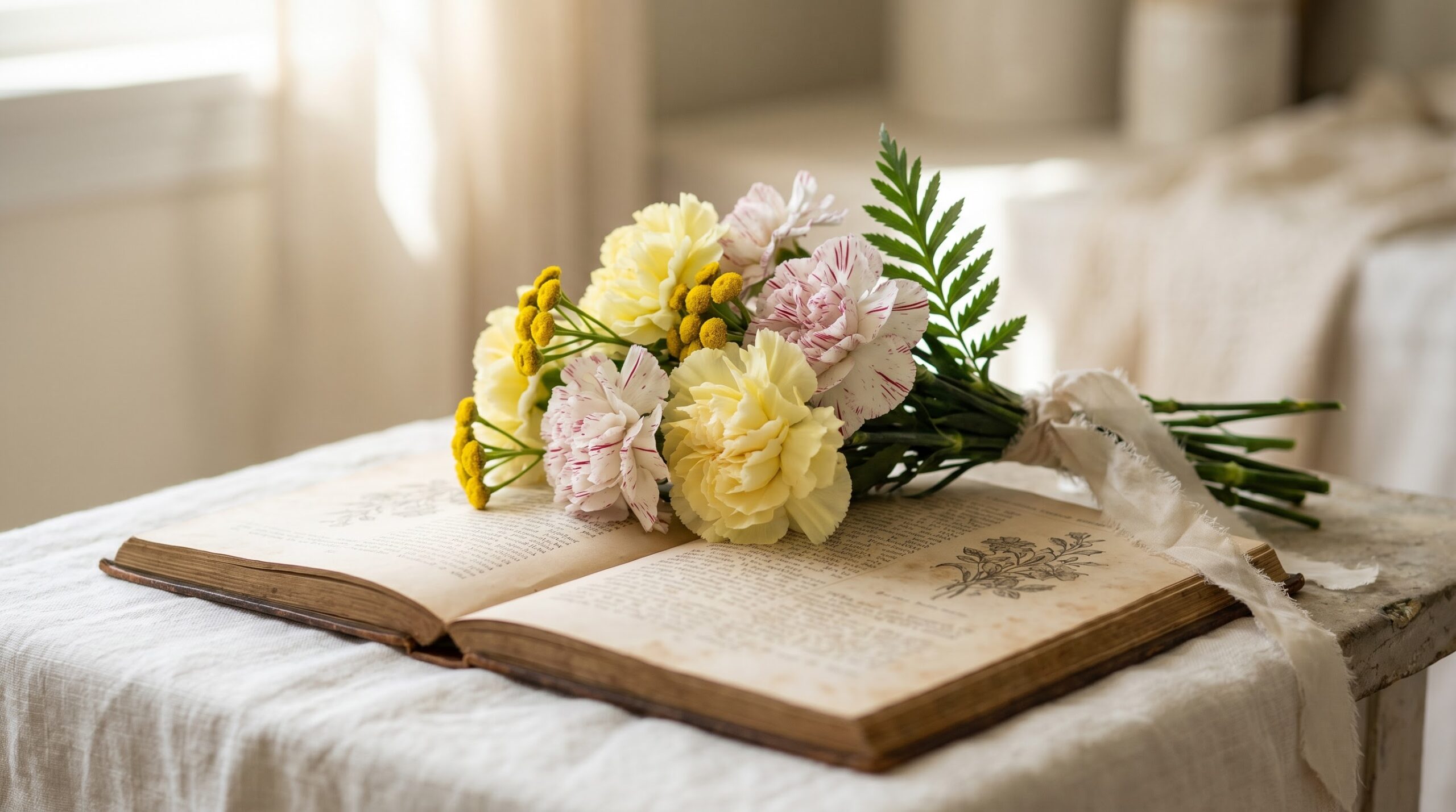 Pretty carnation and tansy bouquet on an antique floriography book hiding a Victorian insult