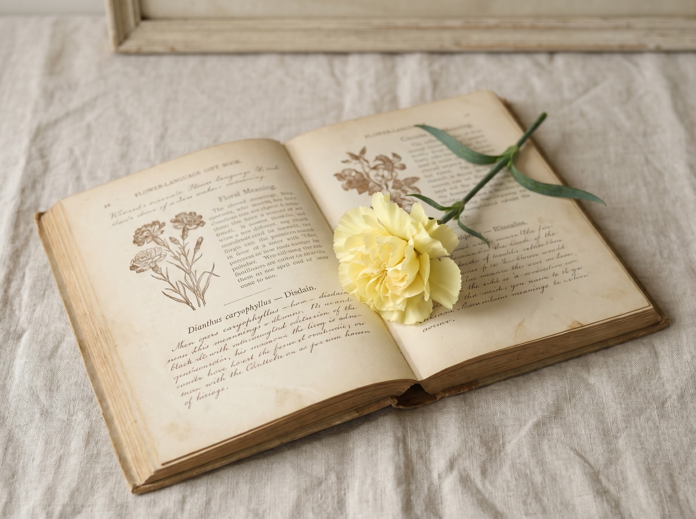 Open antique flower-language gift book with yellow carnation, the Victorian vocabulary of polite hostility
