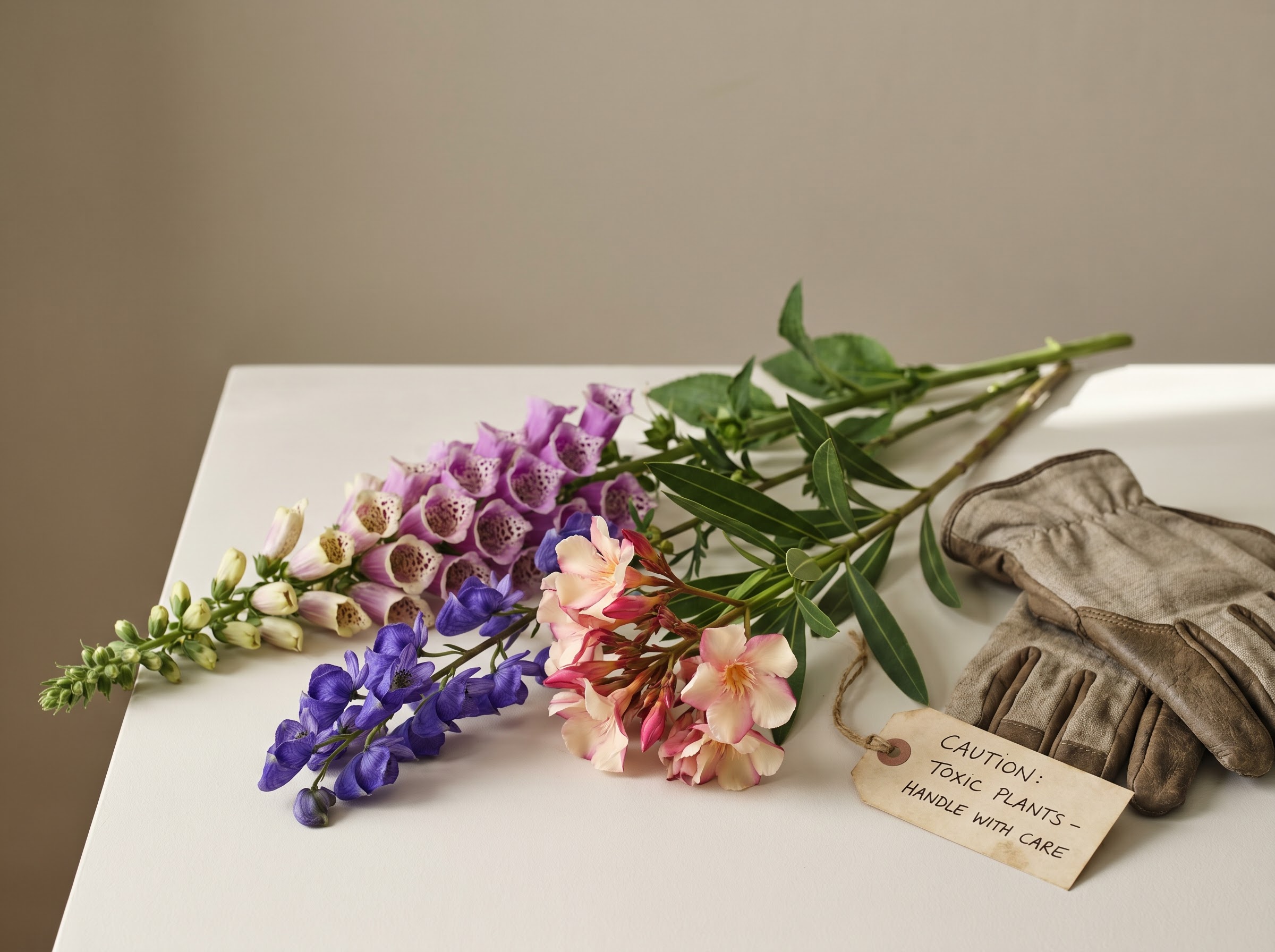 Foxglove, monkshood and oleander staged as poisonous warning flowers with gardening gloves and caution tag