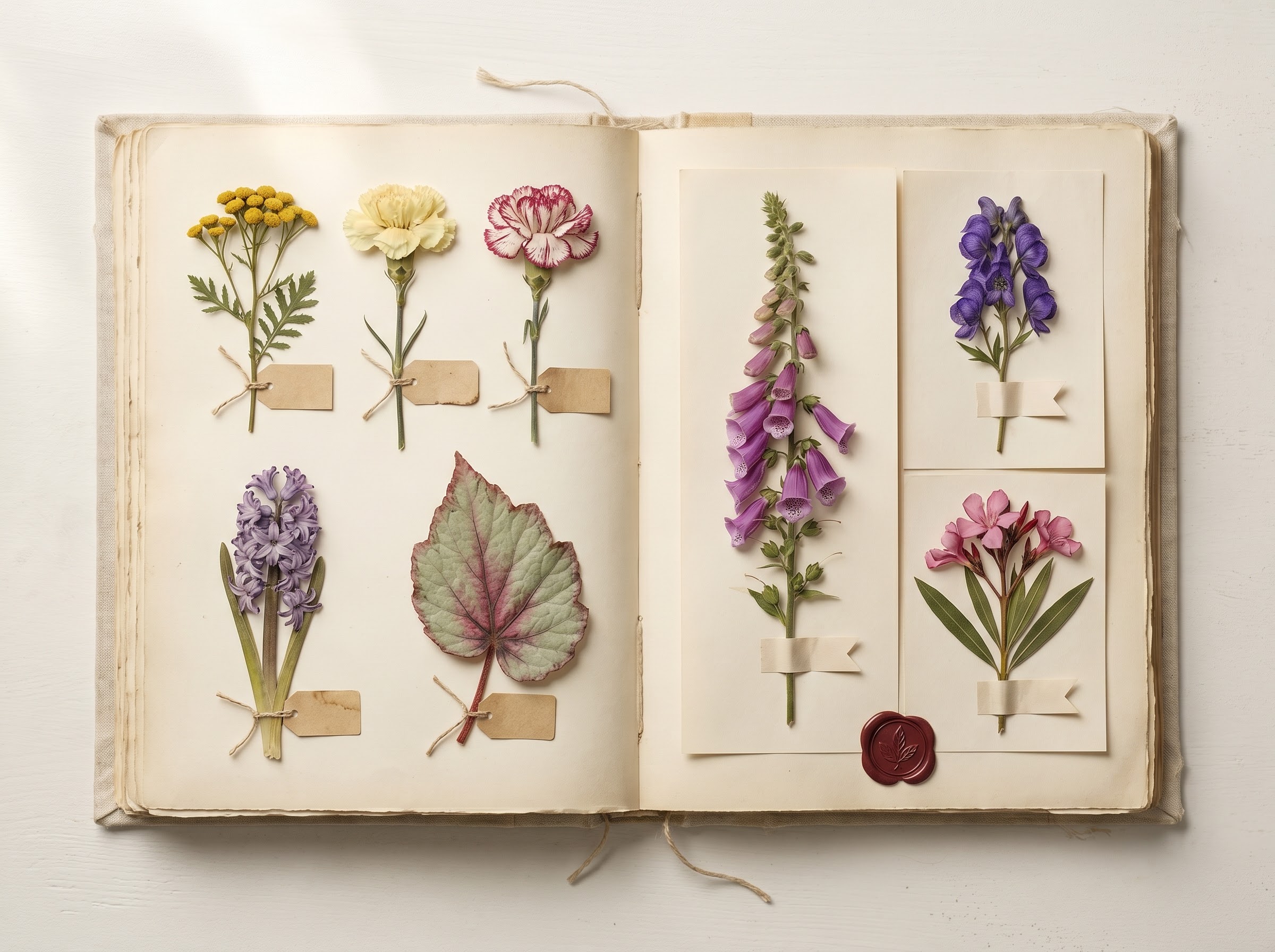 Field-guide infographic of dark flower meanings with traditional meaning and poison flag for each flower