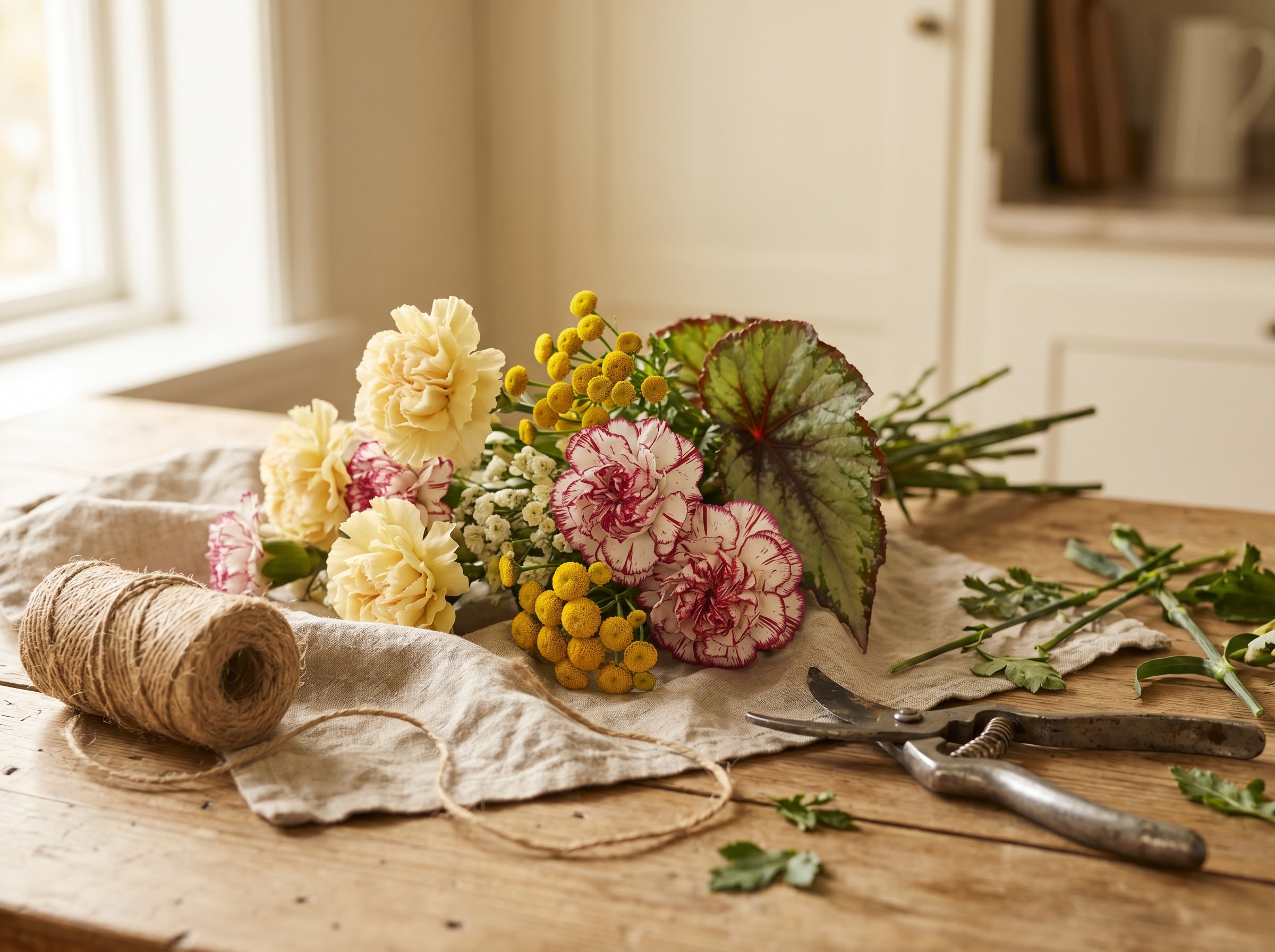 Hands assembling a safe insult bouquet of yellow carnations, tansy and begonia with twine and shears