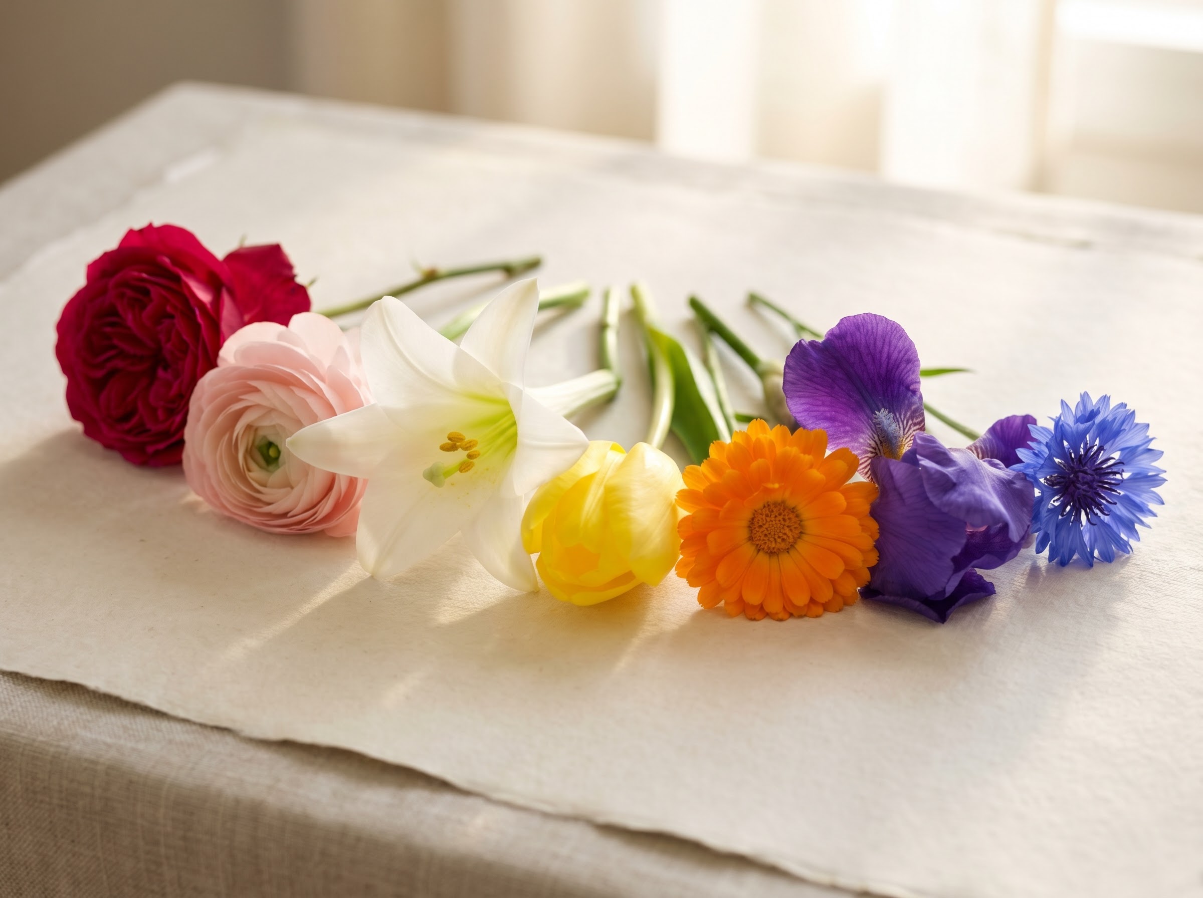 Row of blooms in red pink white yellow orange purple and blue showing flower colour meanings