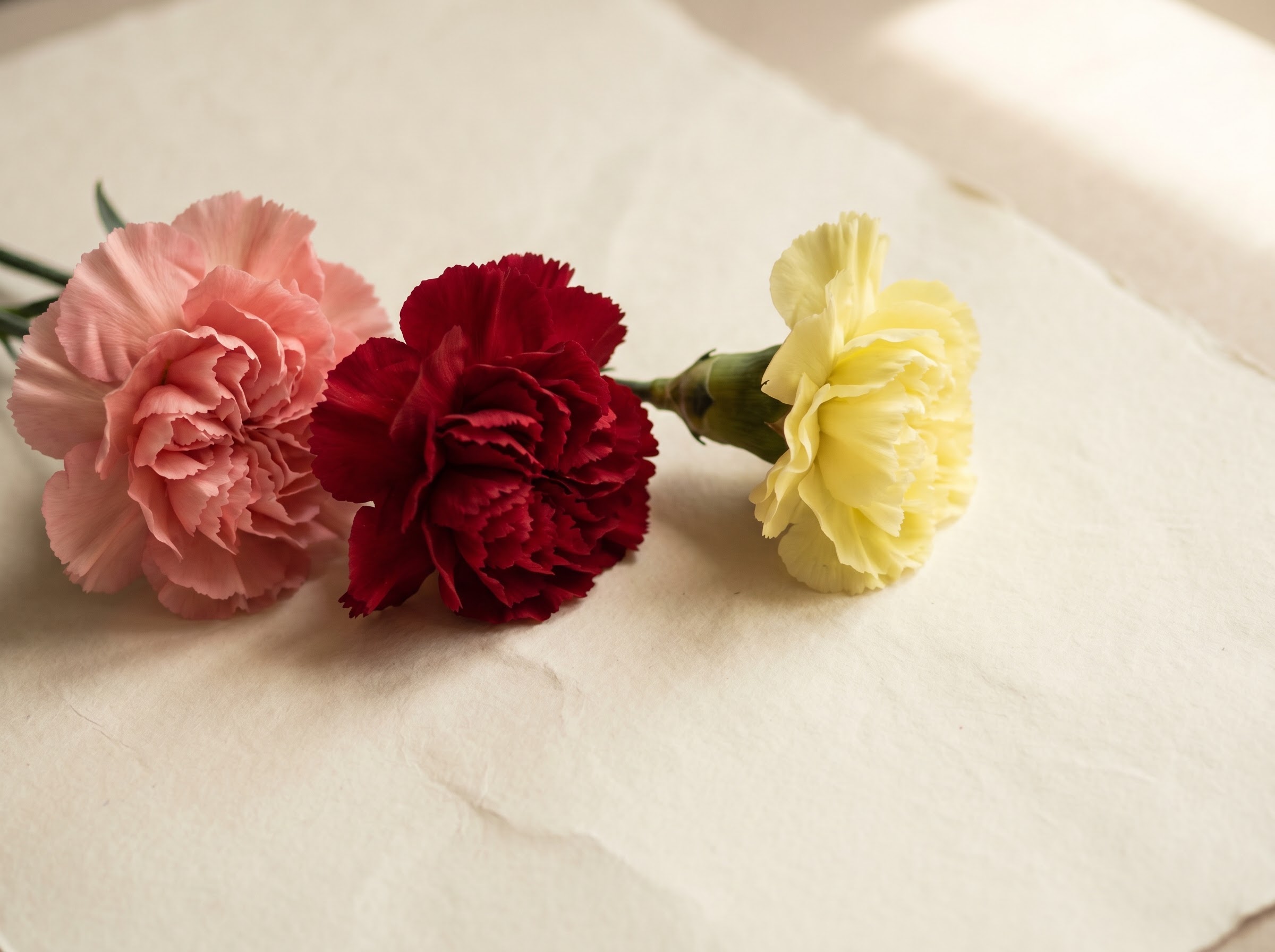 Pink red and yellow carnations side by side showing how colour flips the carnation meaning