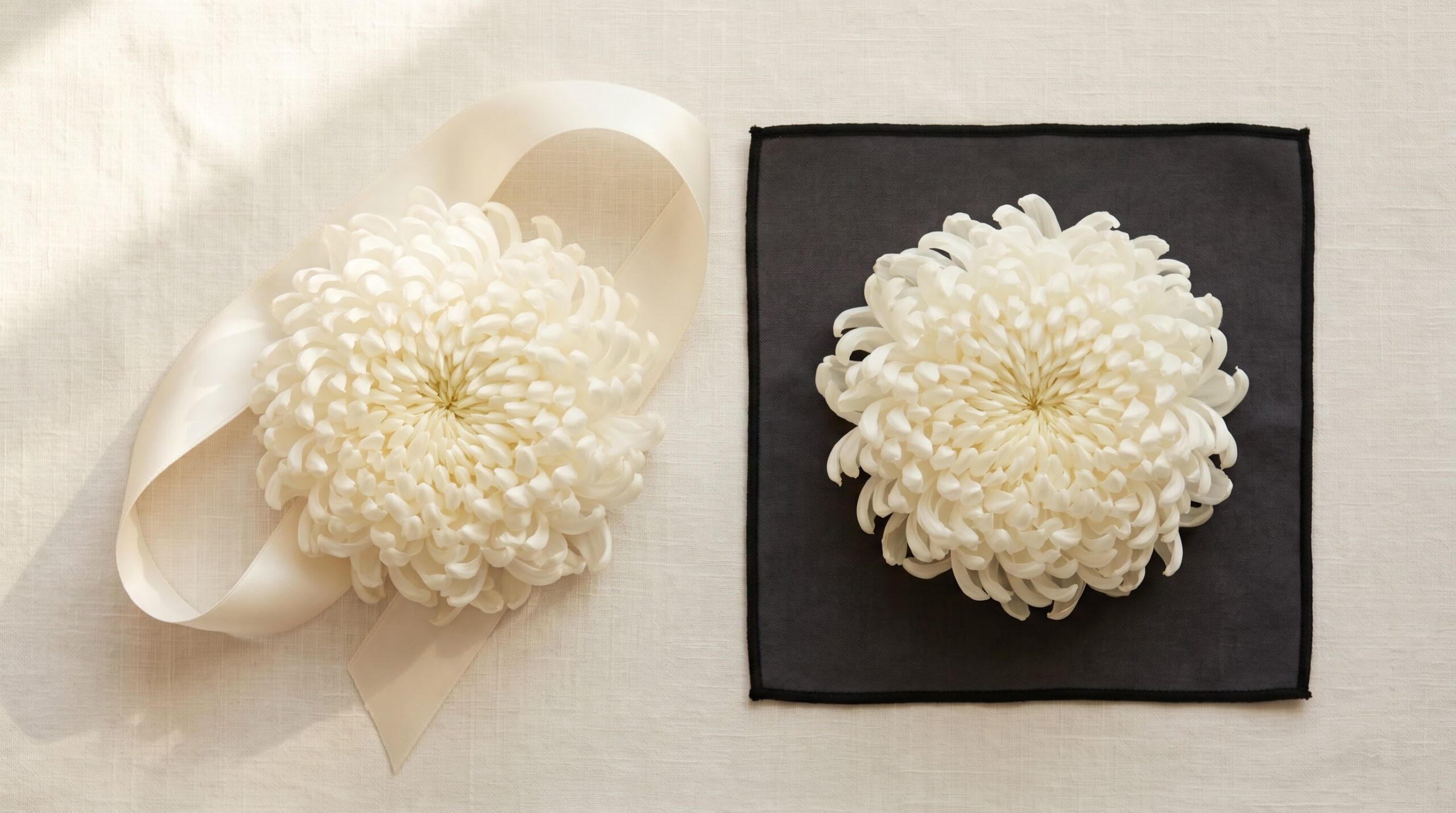 One white chrysanthemum shown two ways, celebration versus mourning, illustrating flower meanings around the world