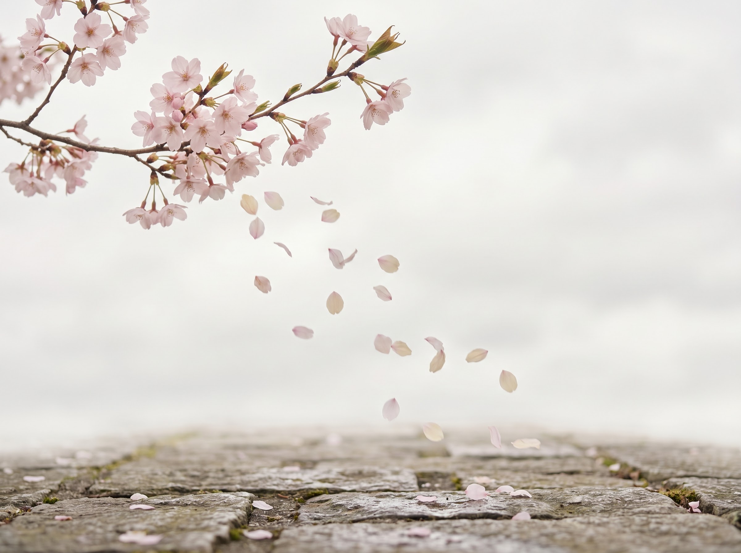 Cherry blossom petals falling along a stone path, evoking mono no aware in Japanese hanakotoba
