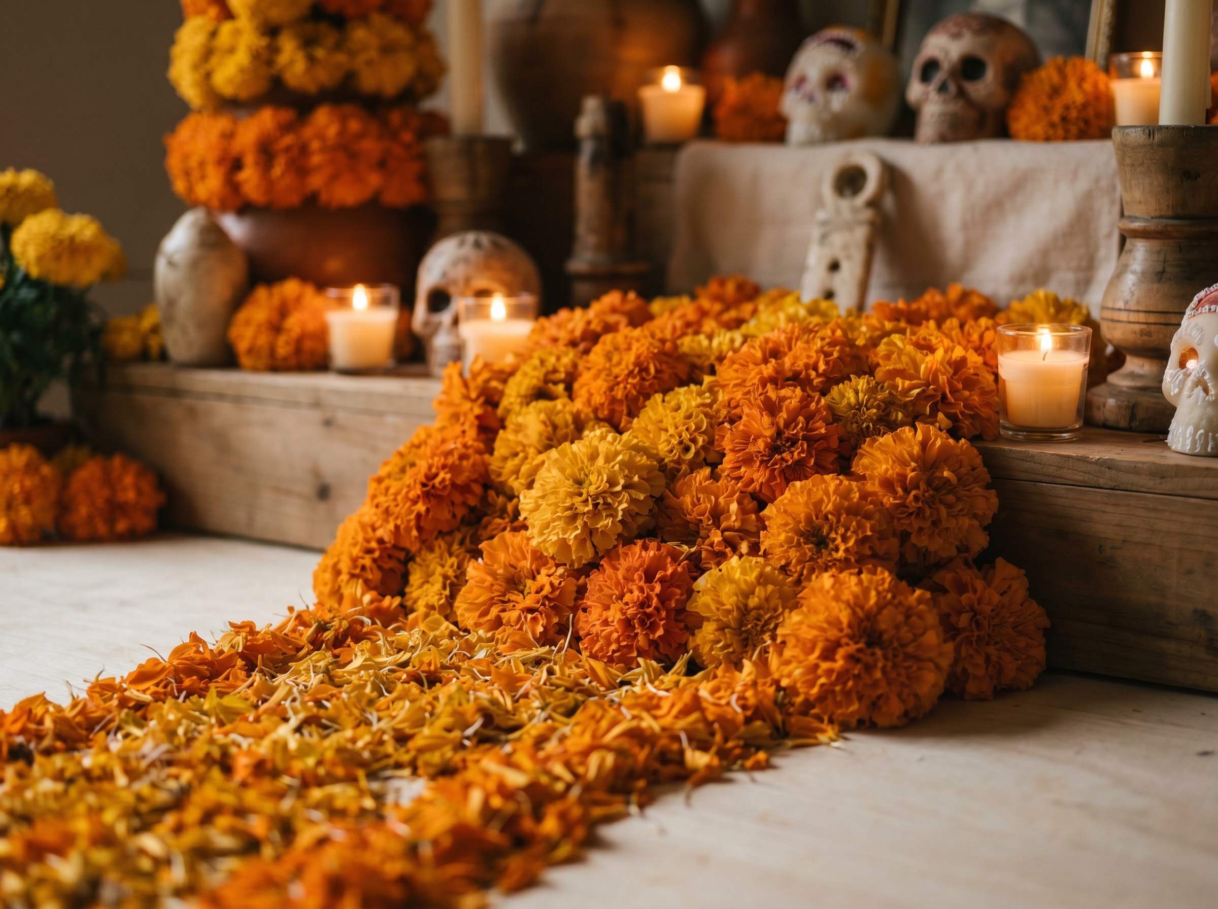 Orange marigolds on a Day of the Dead altar, guiding spirits home in Mexican tradition