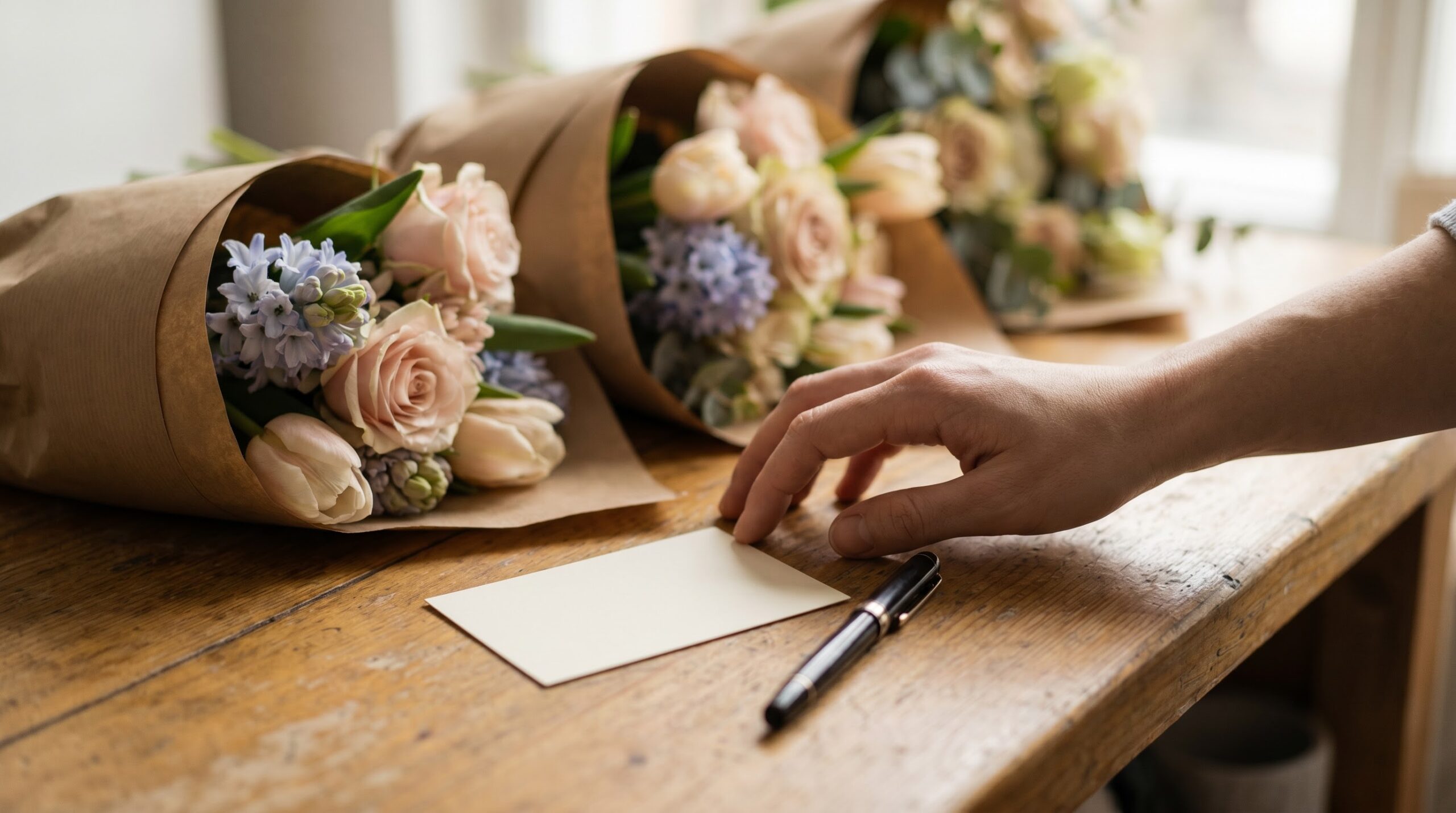 Hand choosing flowers by occasion at a stall with a blank gift card and pen