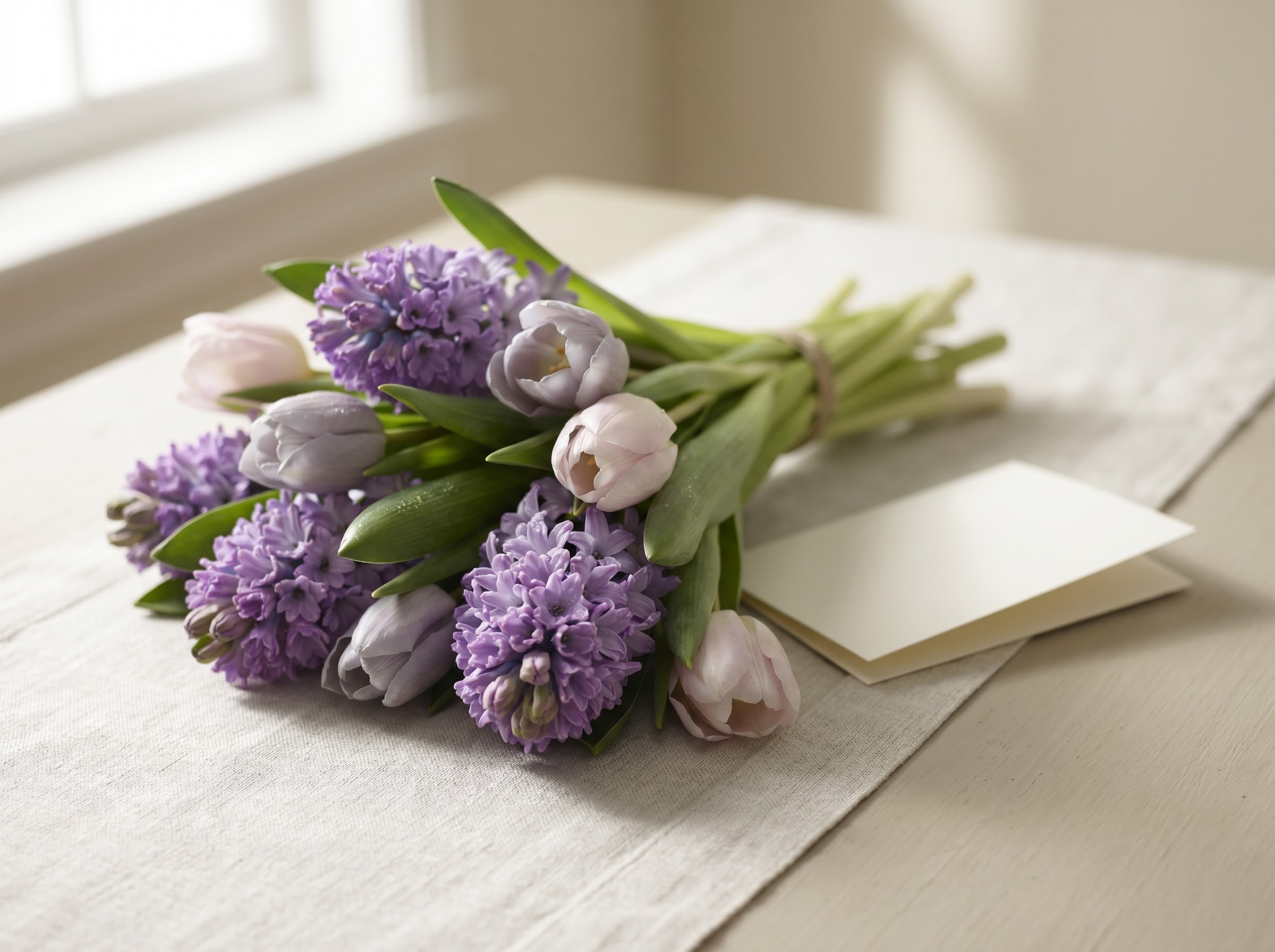 Soft purple hyacinth apology bouquet beside a plain handwritten sorry card