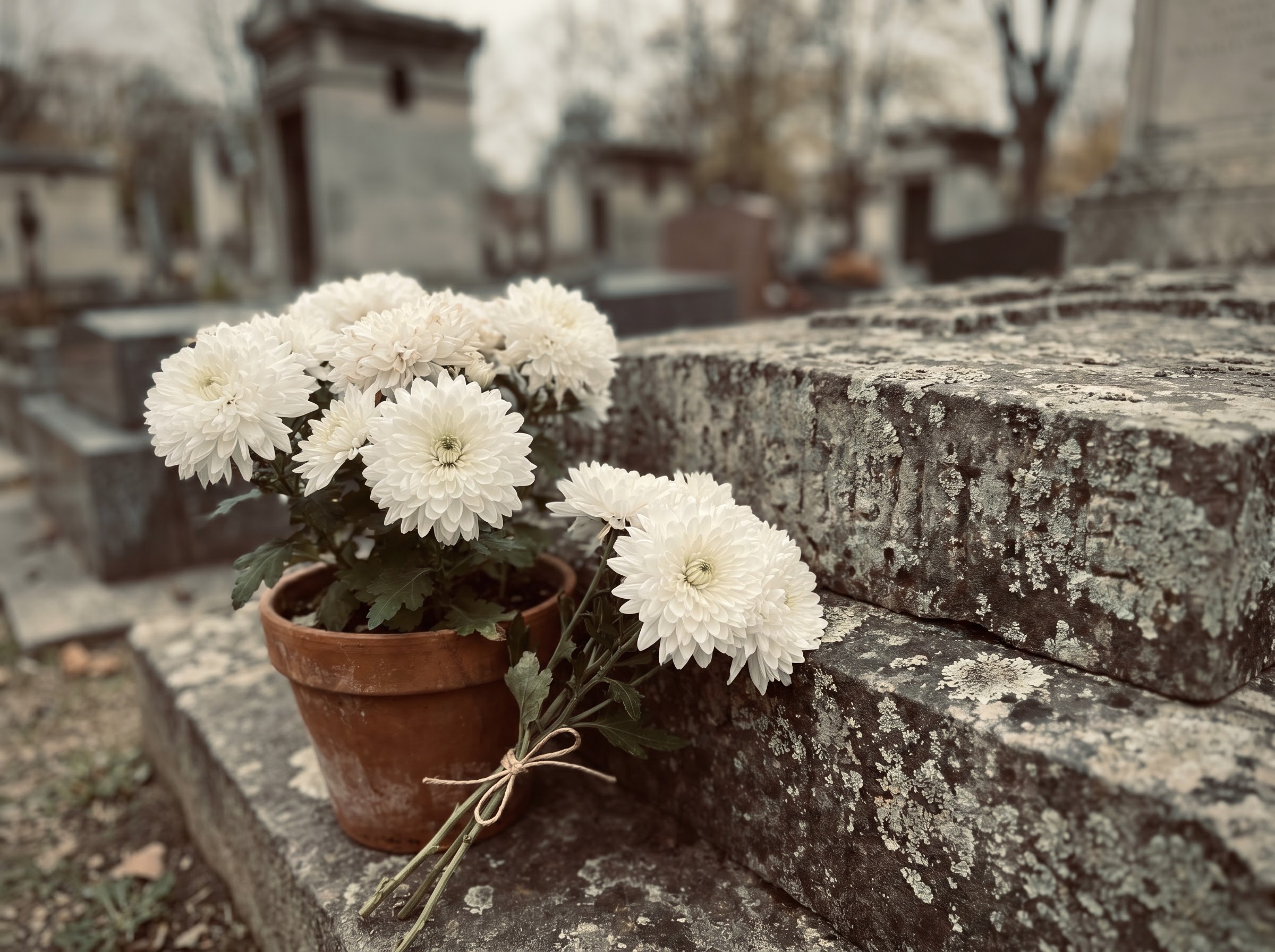 White chrysanthemums at a European graveside showing their strictly funeral meaning
