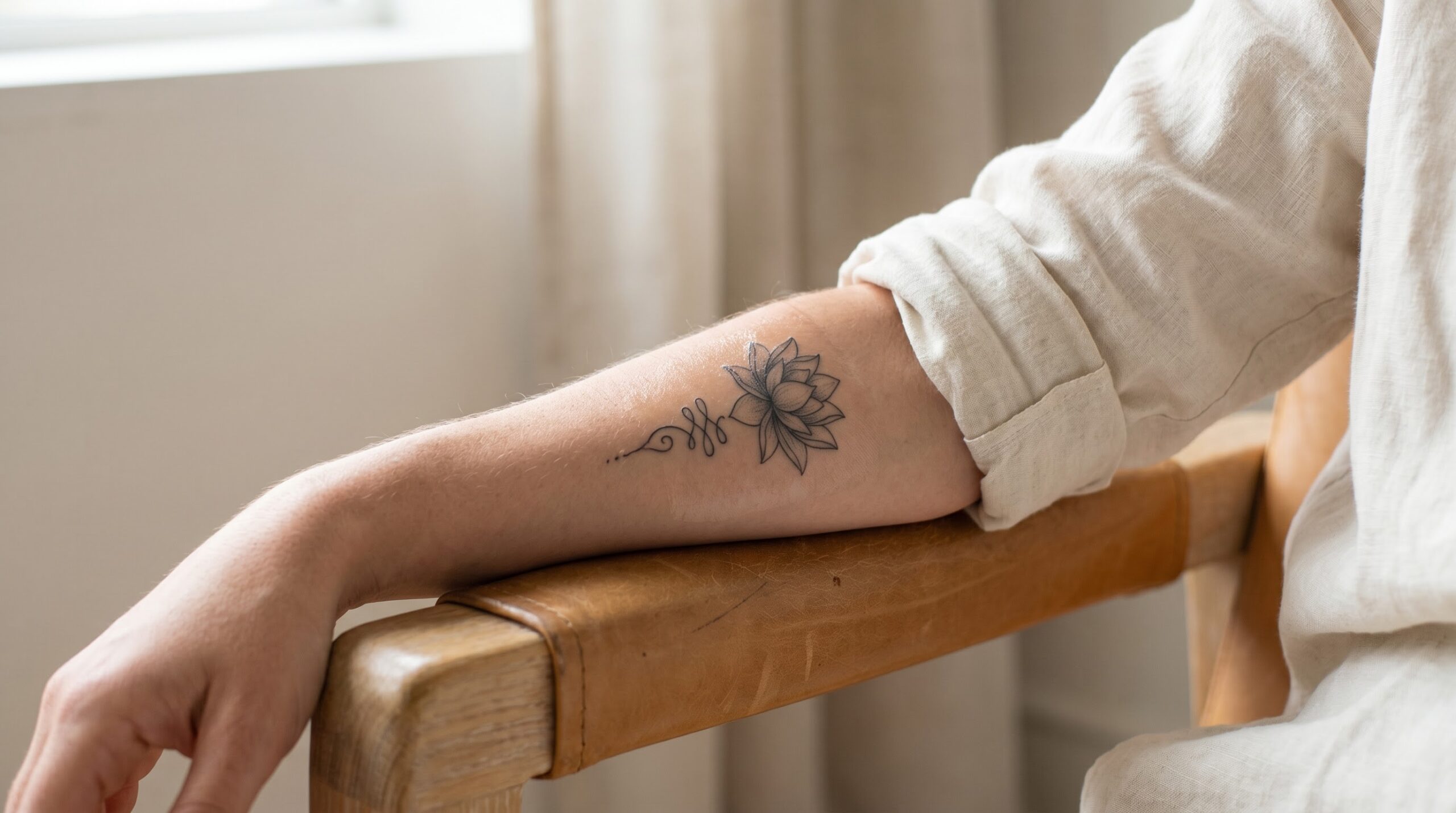 Fine-line lotus flower tattoo on a forearm resting on a tattoo studio armrest