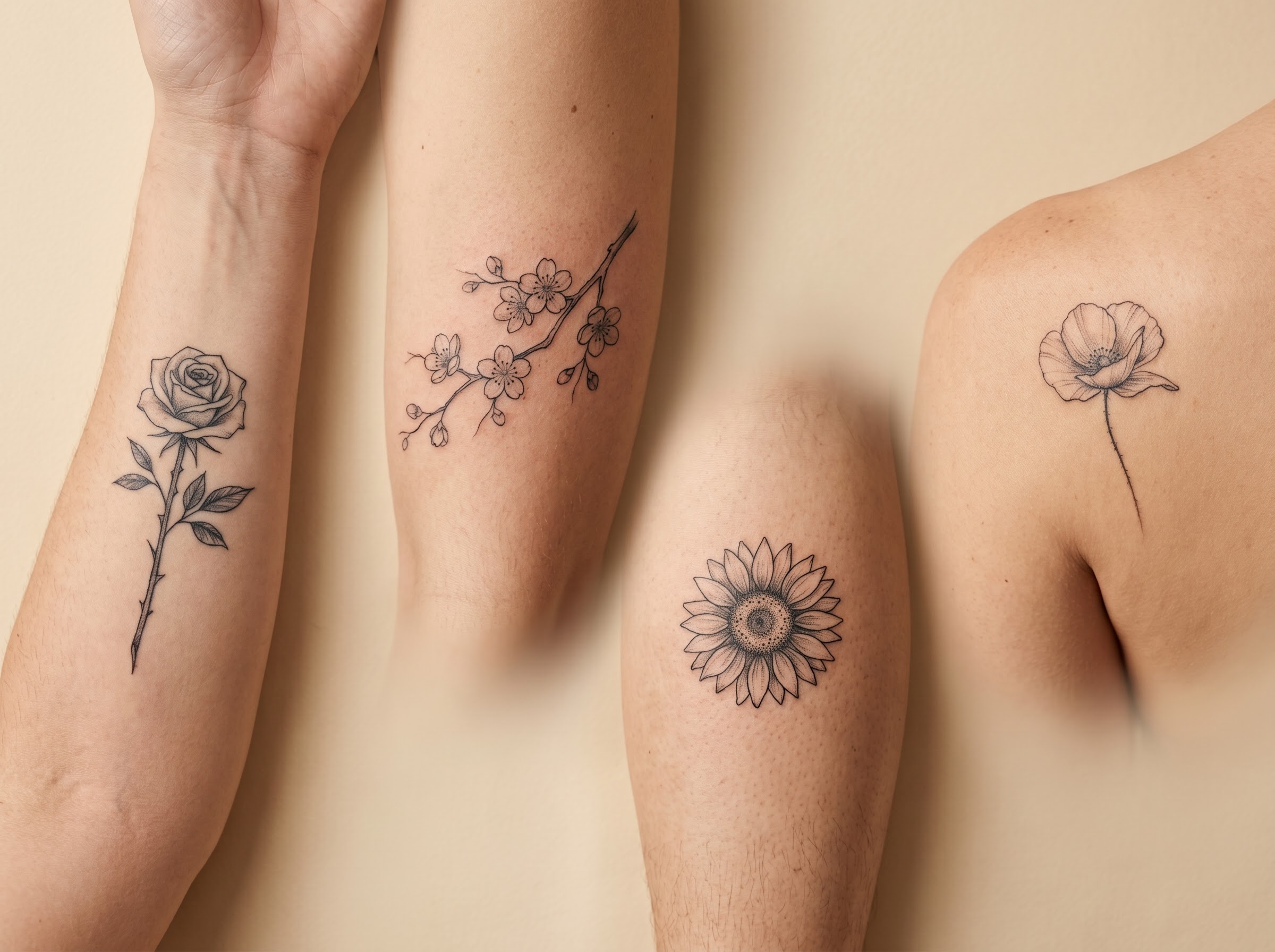 Fine-line rose, cherry blossom, sunflower and poppy tattoos compared across different skin areas