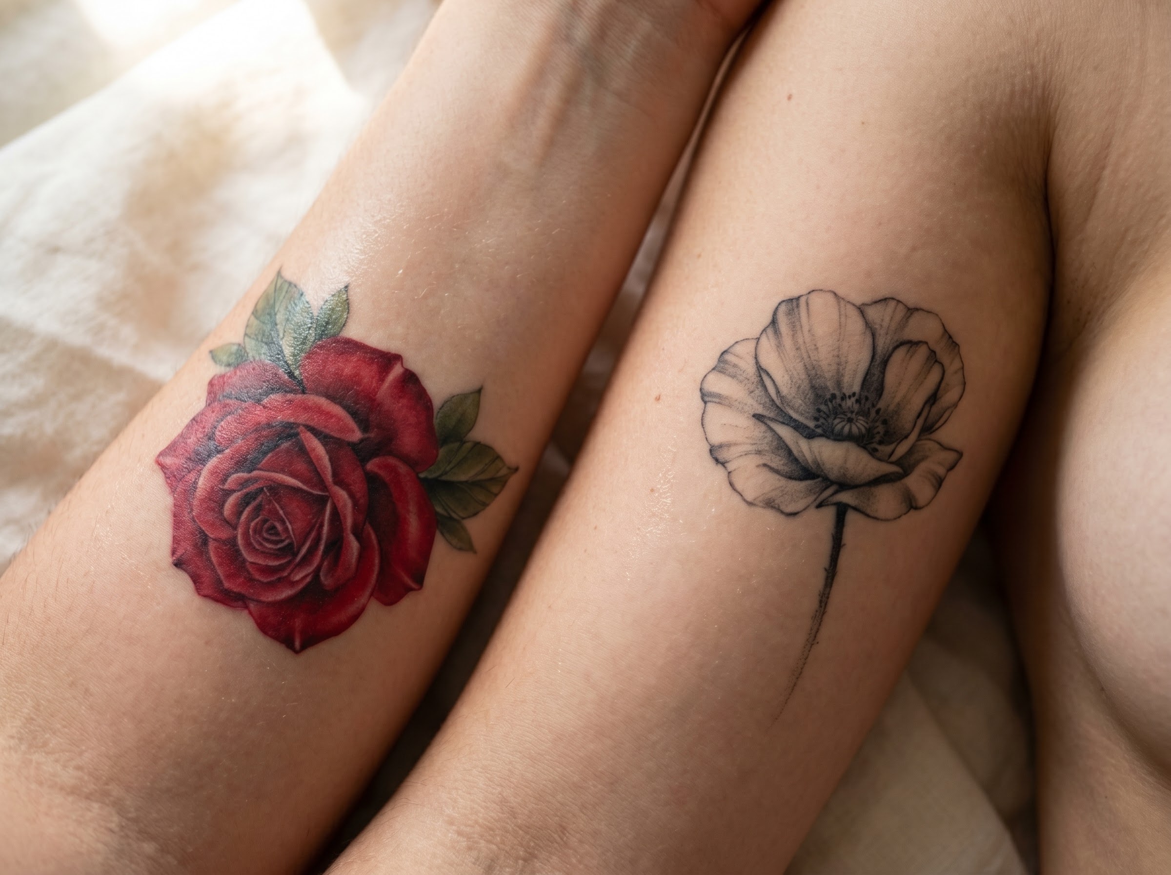 Red rose tattoo beside a black-and-grey poppy tattoo showing how colour shifts meaning