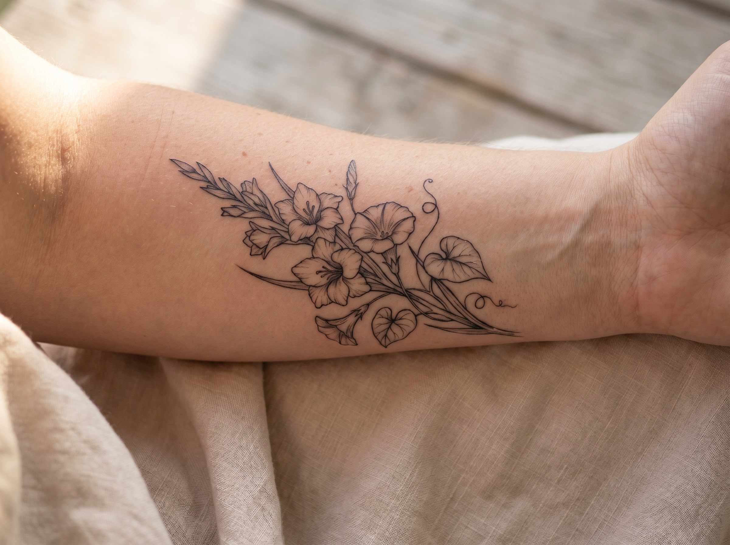 Forearm tattoo combining a gladiolus and morning glory birth-month flowers in one design