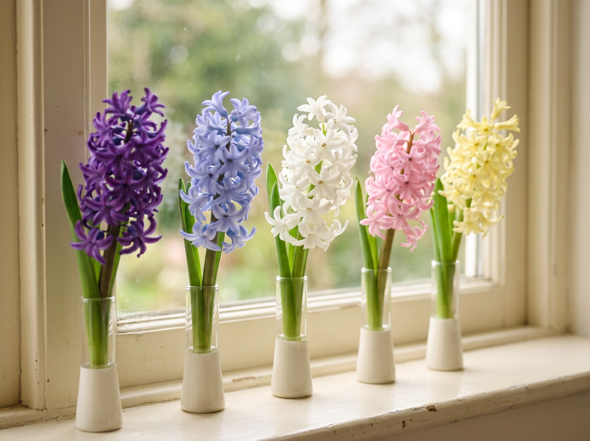 Purple, blue, white, pink and yellow hyacinth spikes lined up showing each colour meaning