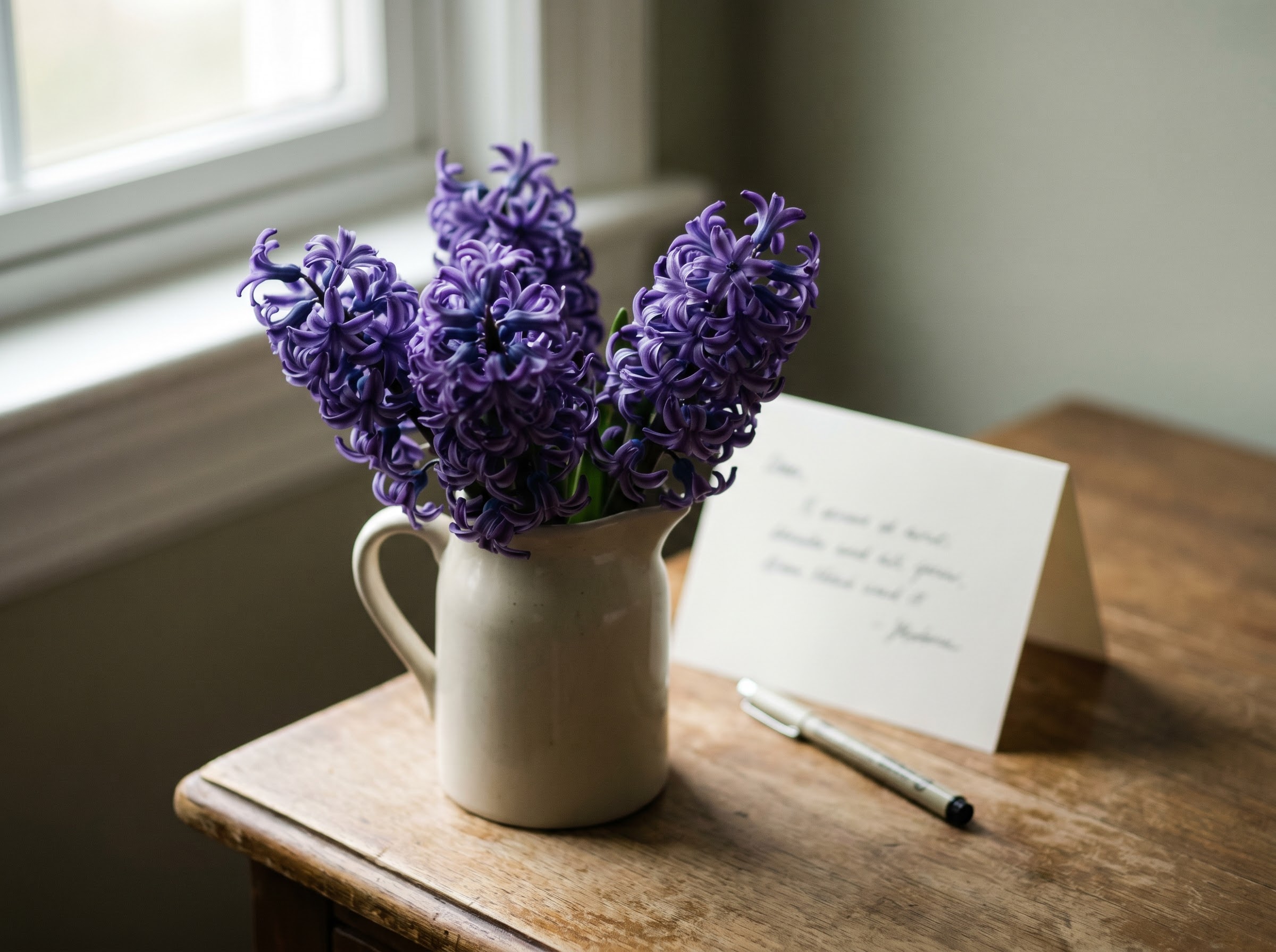 Purple hyacinths beside a handwritten apology card, the classic flower for saying sorry