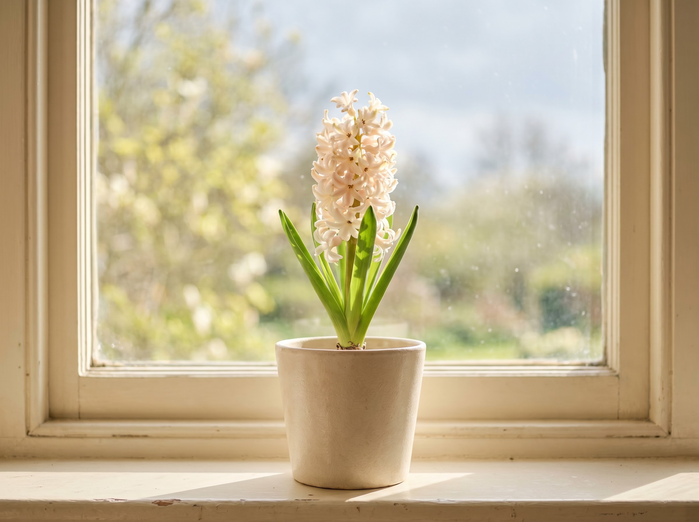 Potted fragrant hyacinth blooming on a spring windowsill as a warm seasonal gift