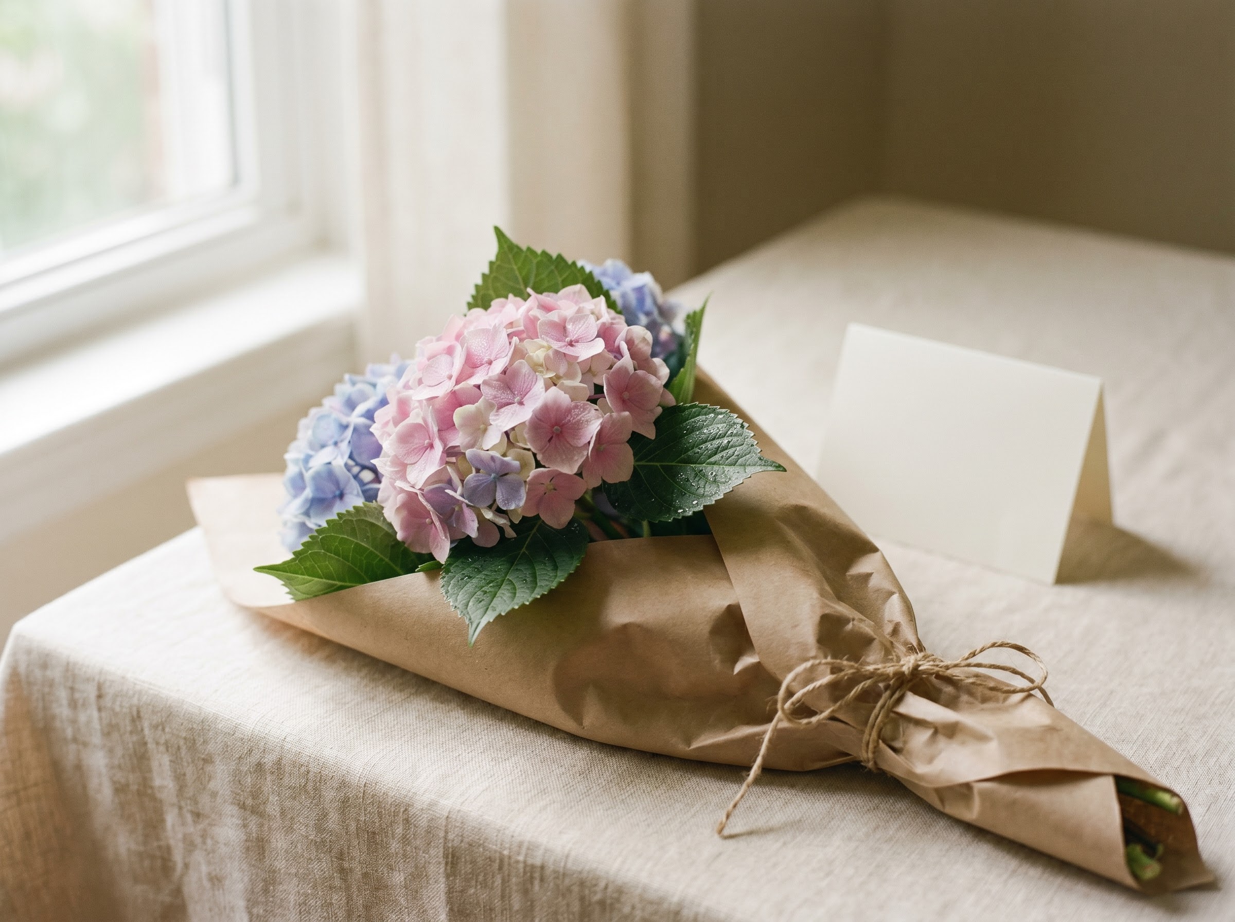 Hand-tied hydrangea bunch with a plain thank-you card for a sincere grateful gift