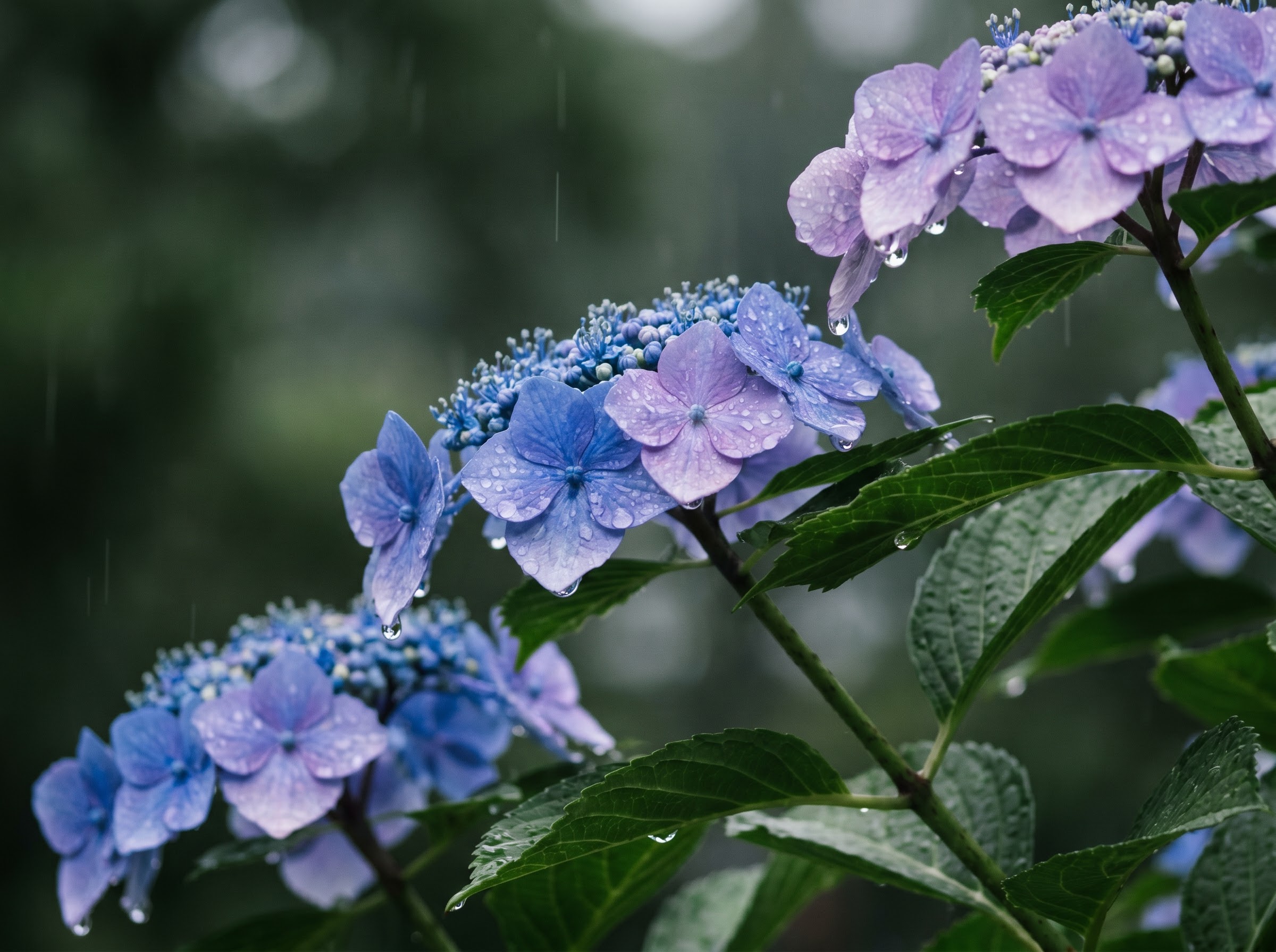 Rain-dappled ajisai hydrangeas in Japan during the early-summer rainy season
