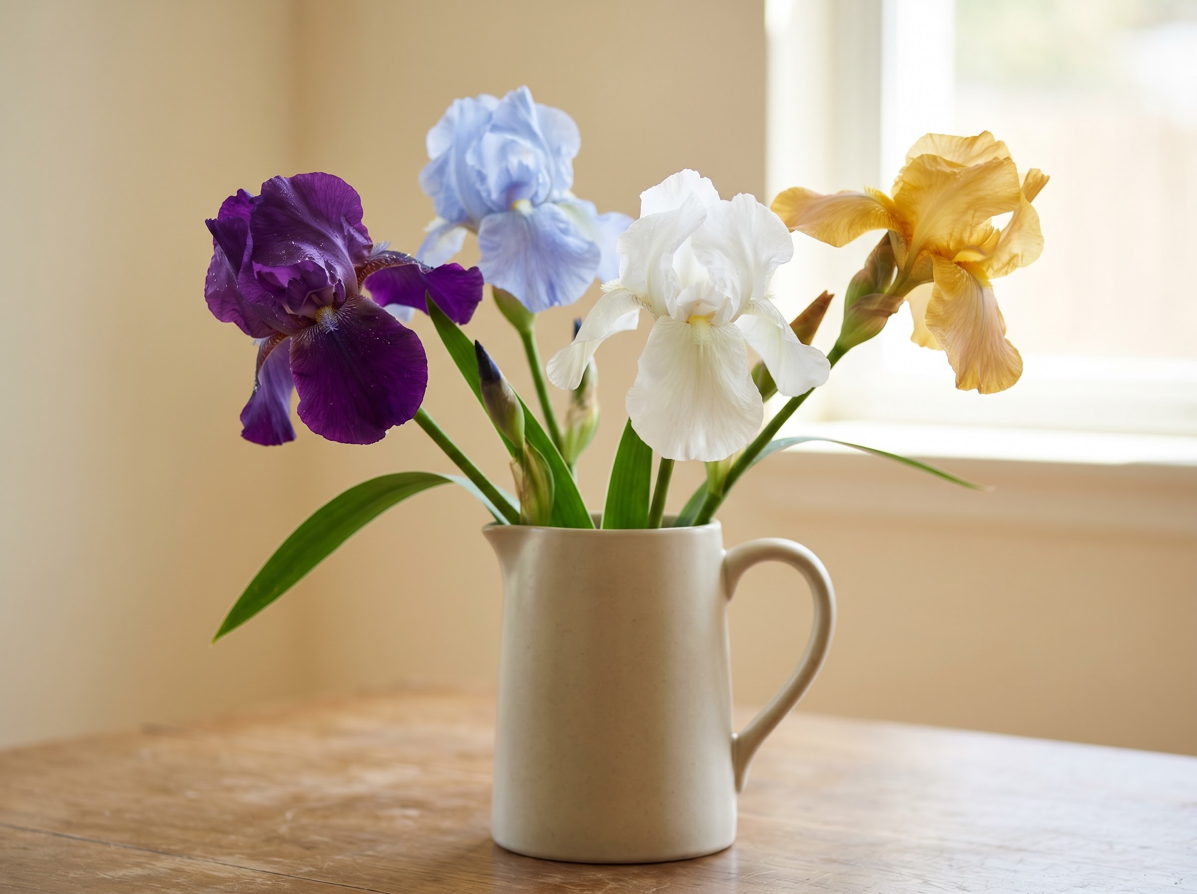 Purple, blue, white and yellow irises showing the four iris colour meanings side by side