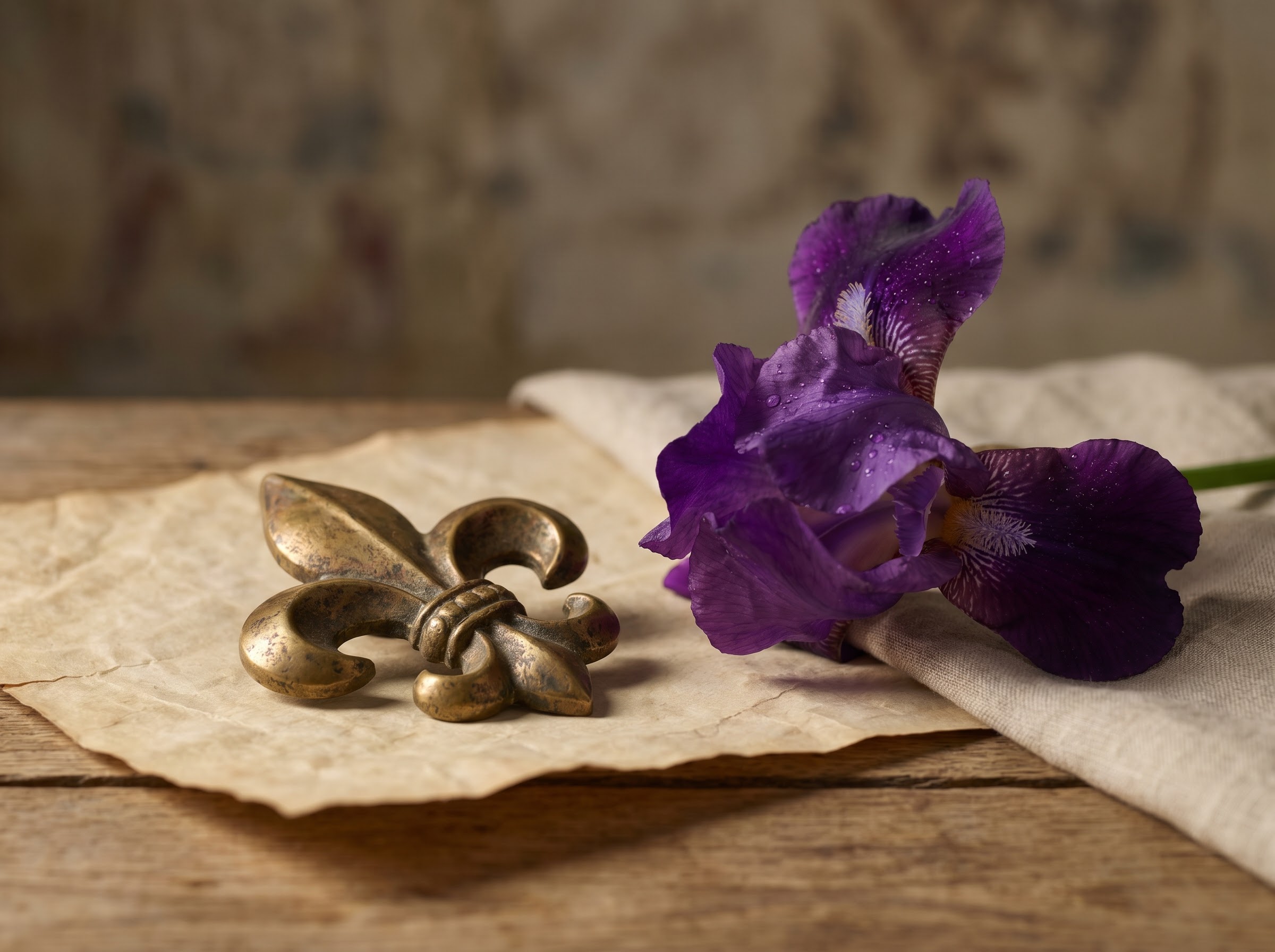 Gold fleur-de-lis royal emblem beside an iris bloom illustrating the French heraldic connection