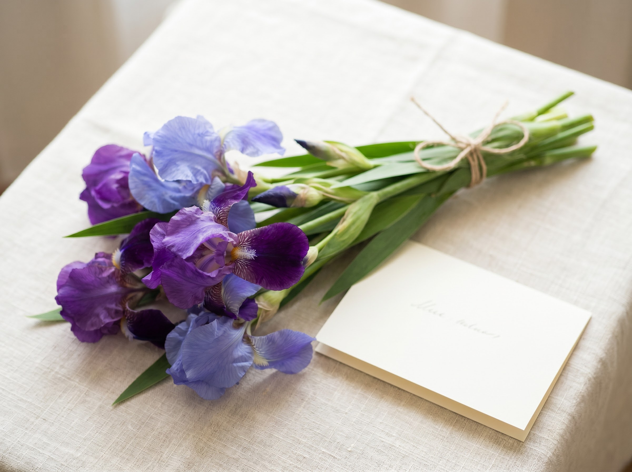 Wrapped purple and blue irises with a congratulations card as a get-well or graduation gift