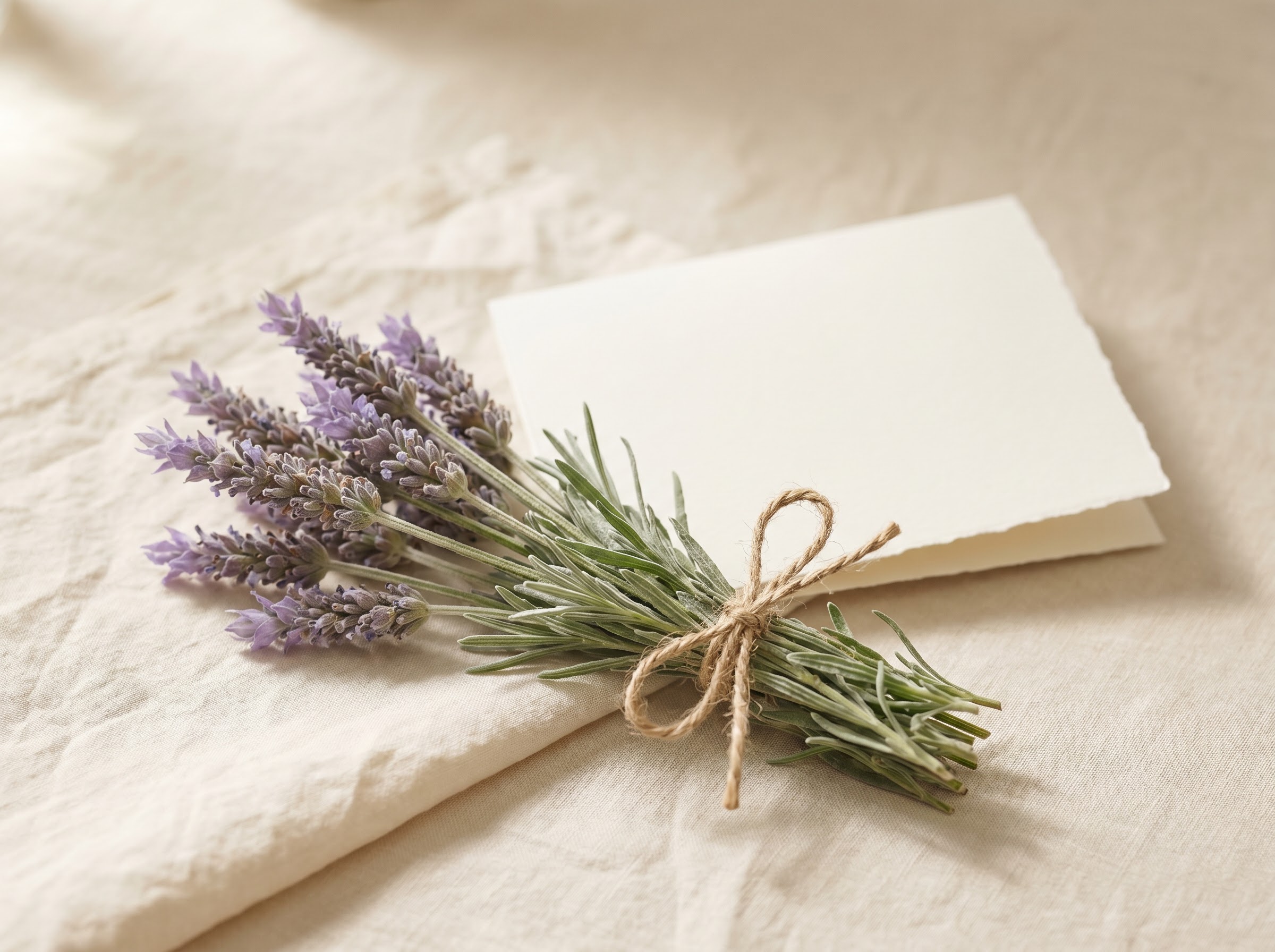 Lavender gift bundle tied with twine beside a get-well card on cream linen