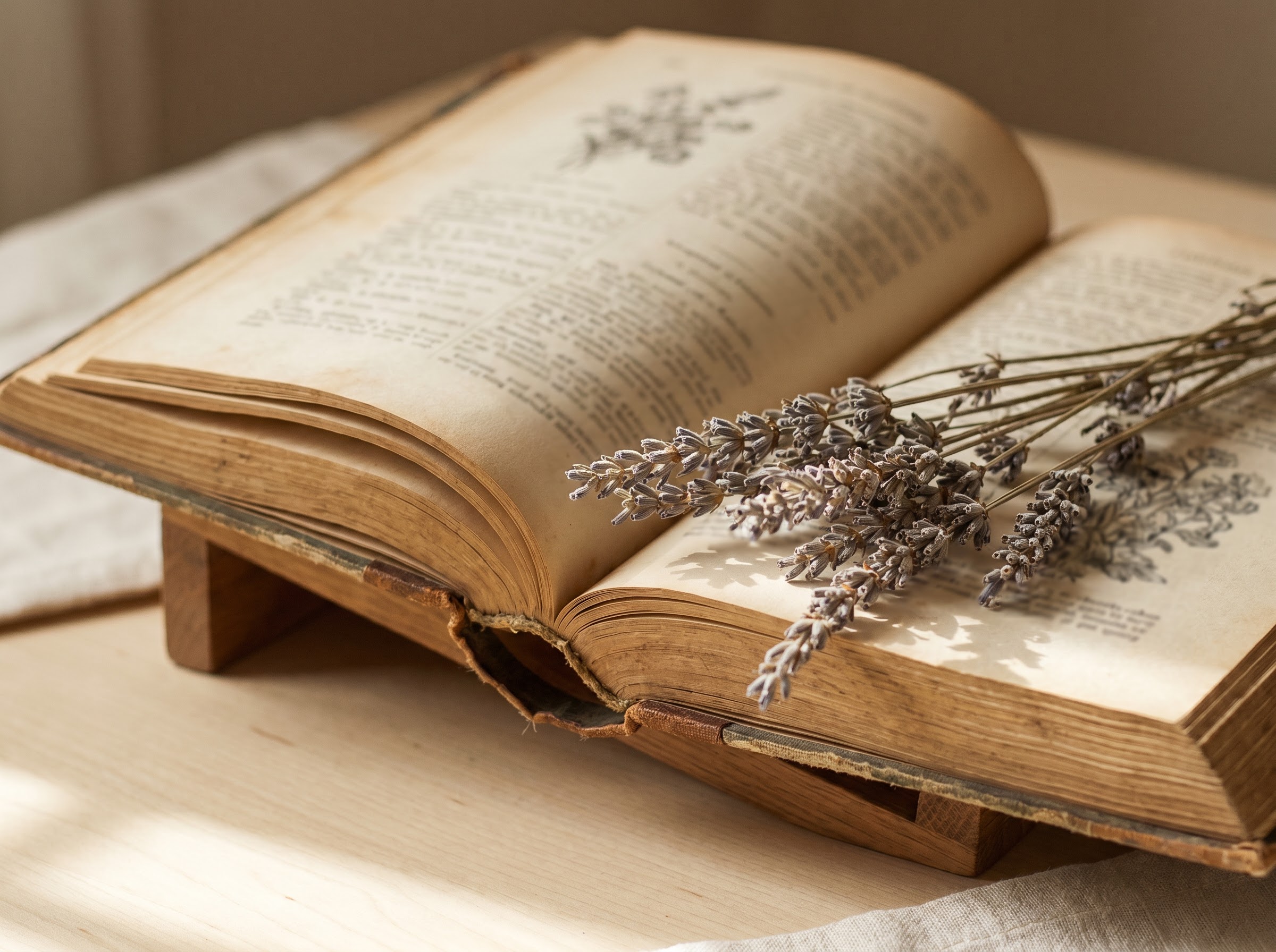 Open antique Victorian flower-language book with pressed dried lavender sprigs on the page