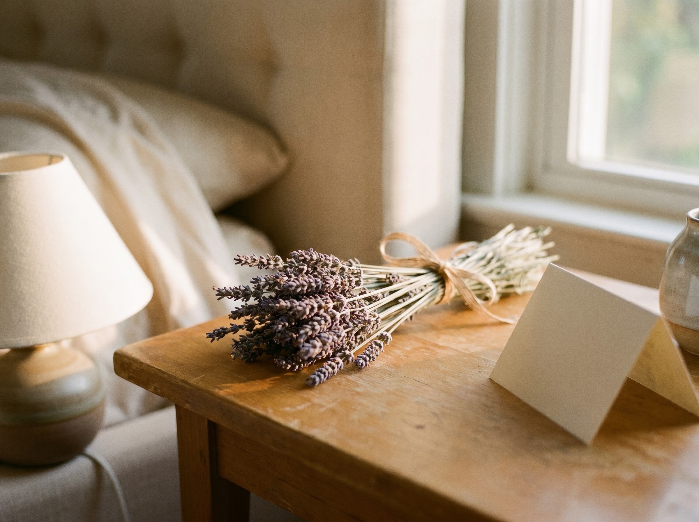 Dried lavender bundle on a quiet bedside table beside a soft handwritten rest card