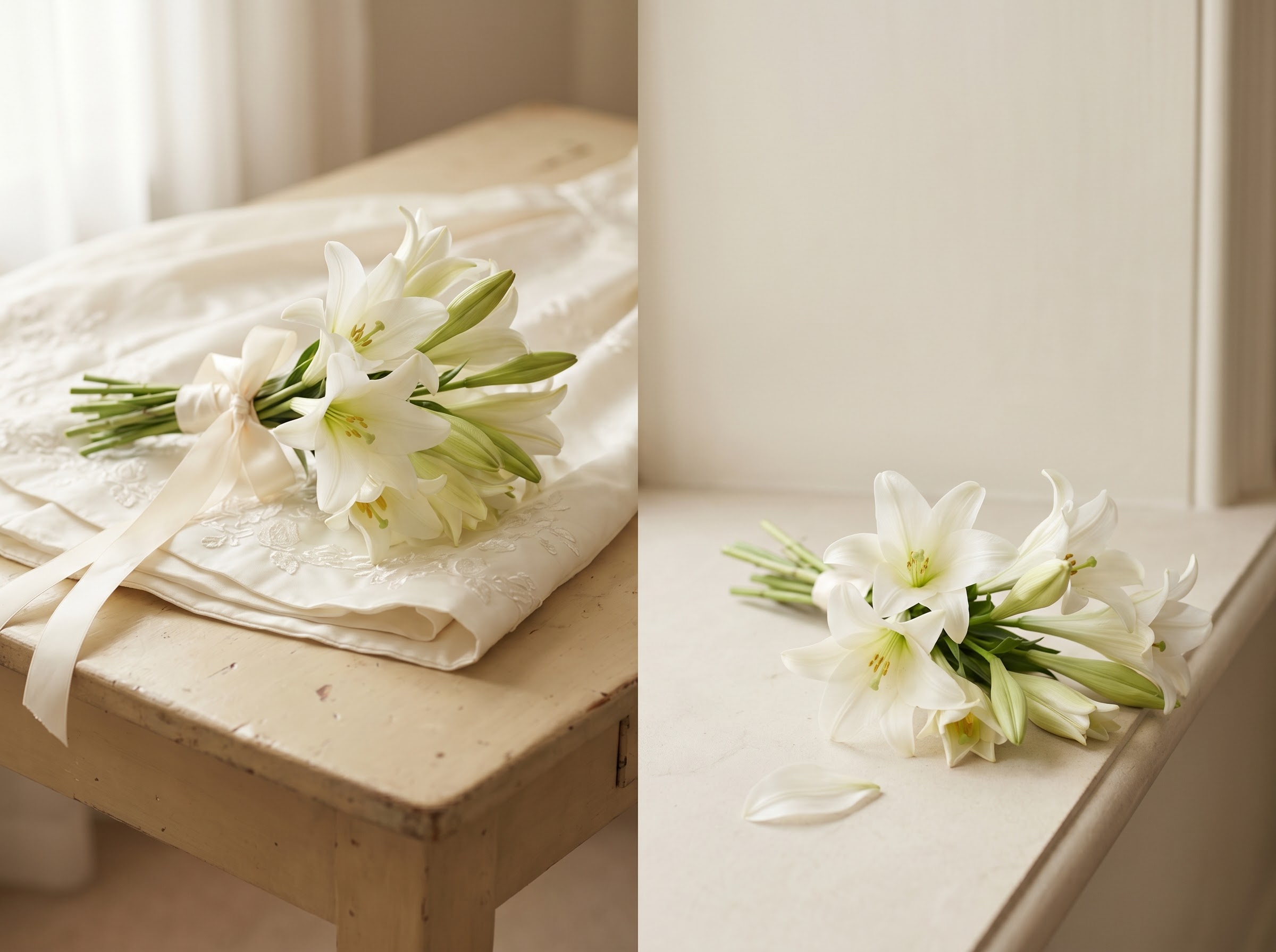 White lilies shown as both a wedding bouquet and a sympathy arrangement, the lily wedding and funeral meaning