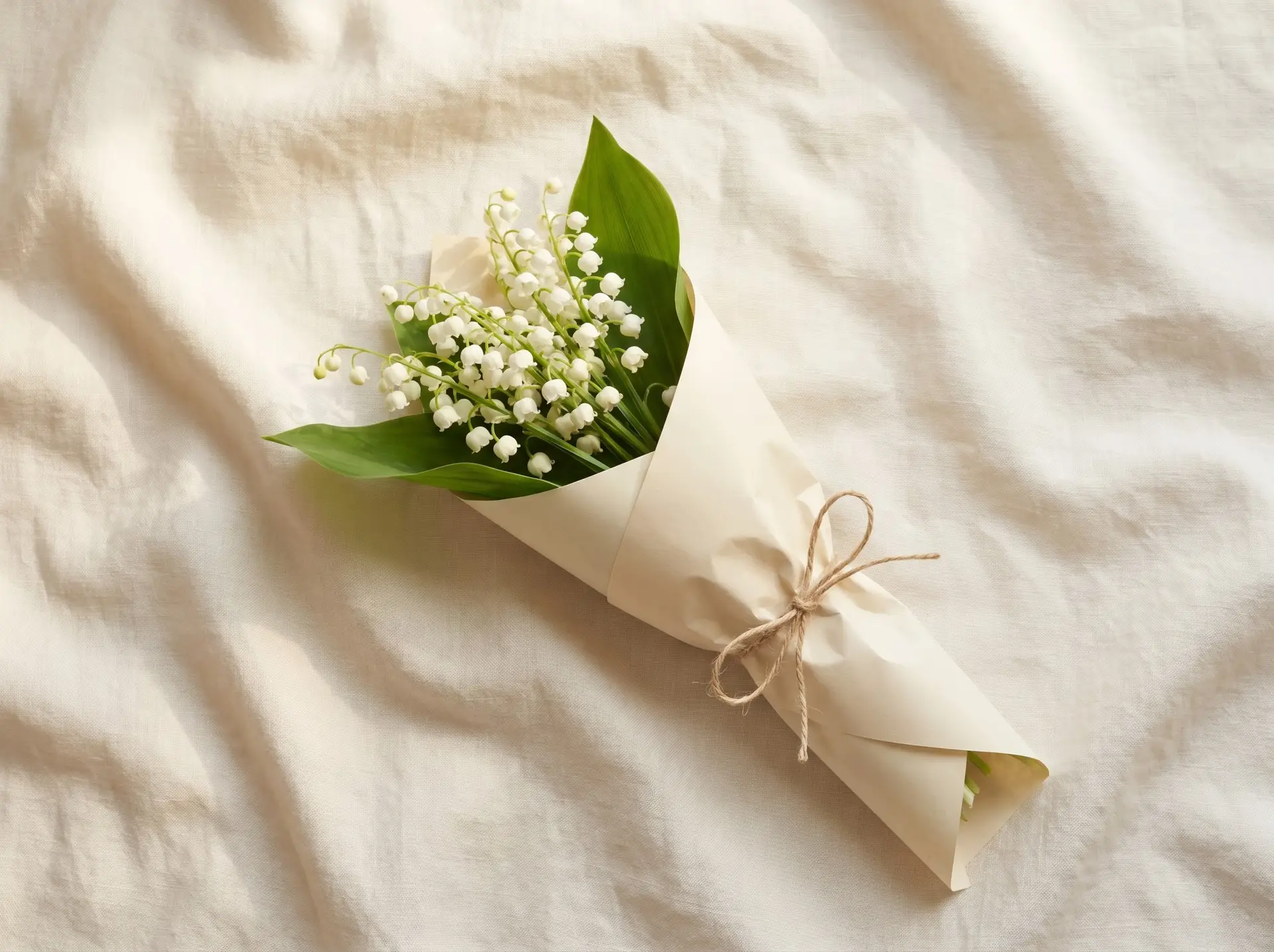 Small lily of the valley sprig wrapped as a tender gift on linen