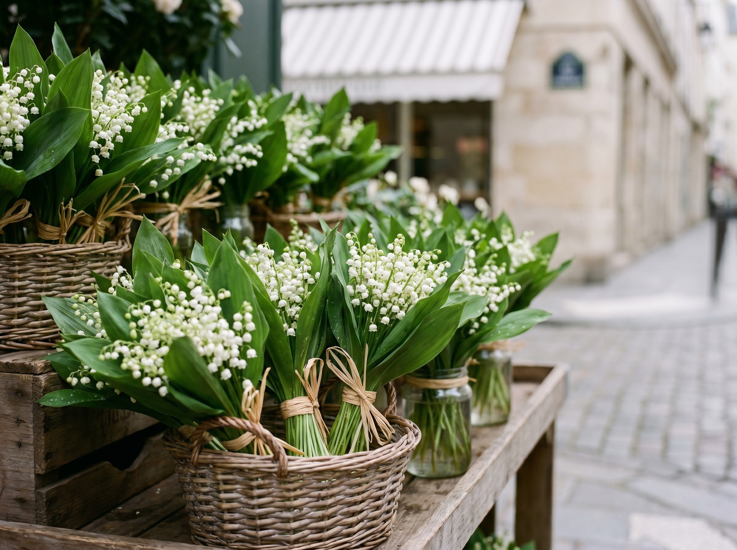 Lily of the valley muguet sprigs for sale at a French May Day street stall
