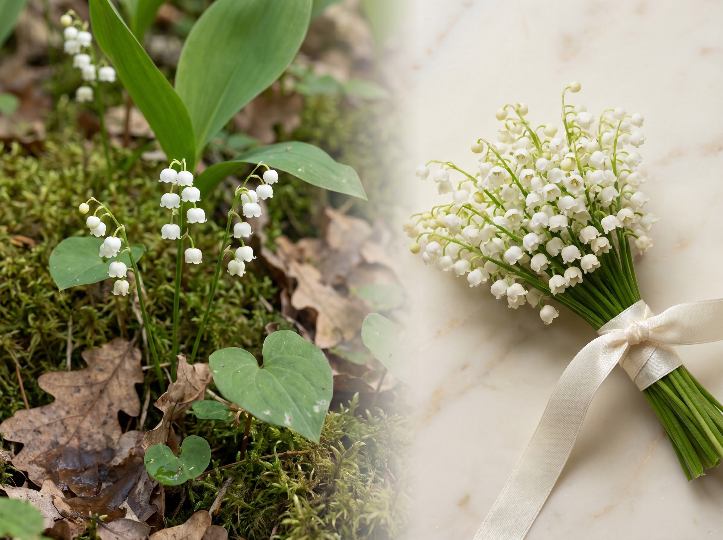 Lily of the valley shown as humble woodland flower and as costly wedding bloom