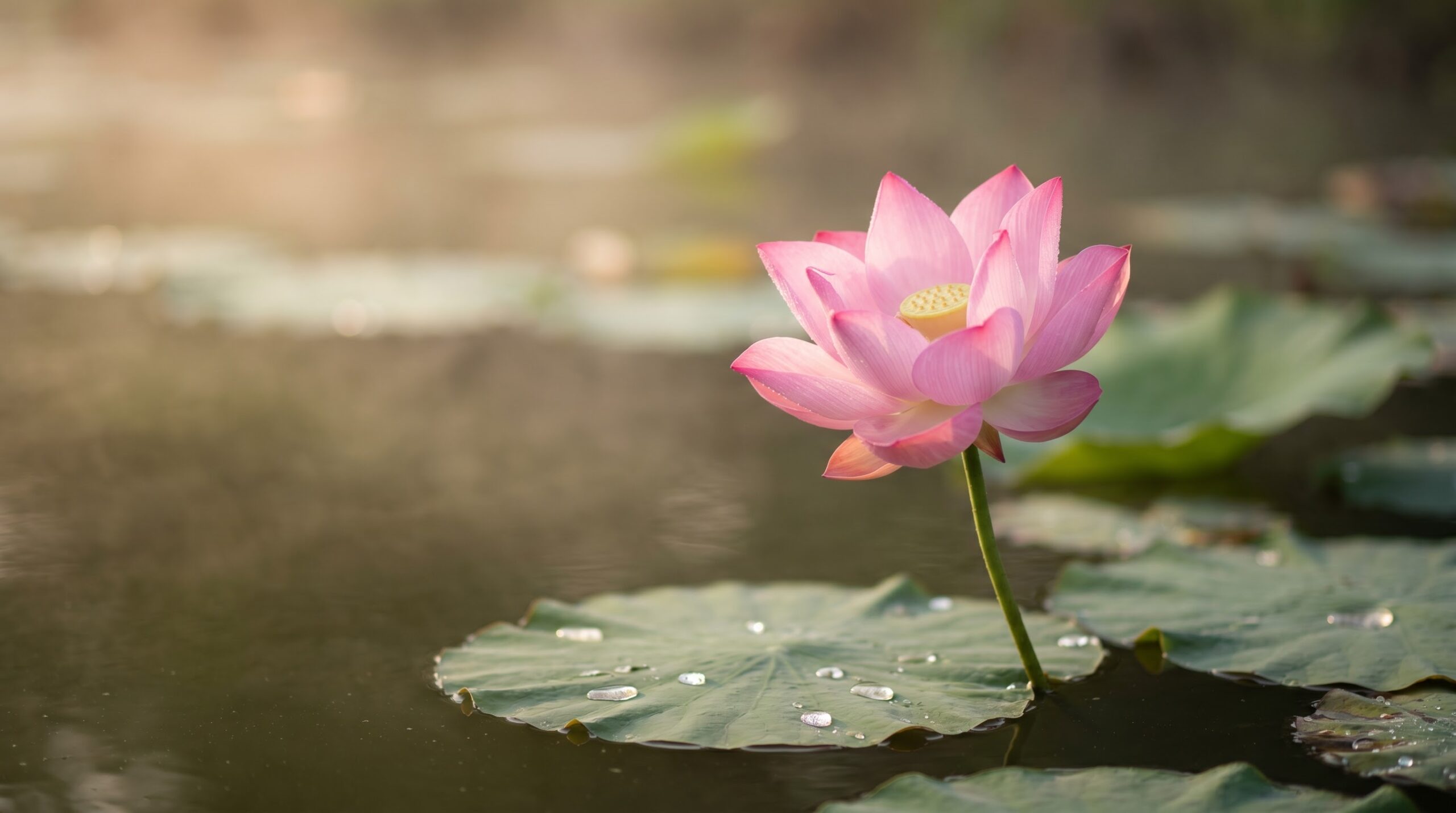 Pink sacred lotus flower blooming spotless above dark murky pond water in morning light