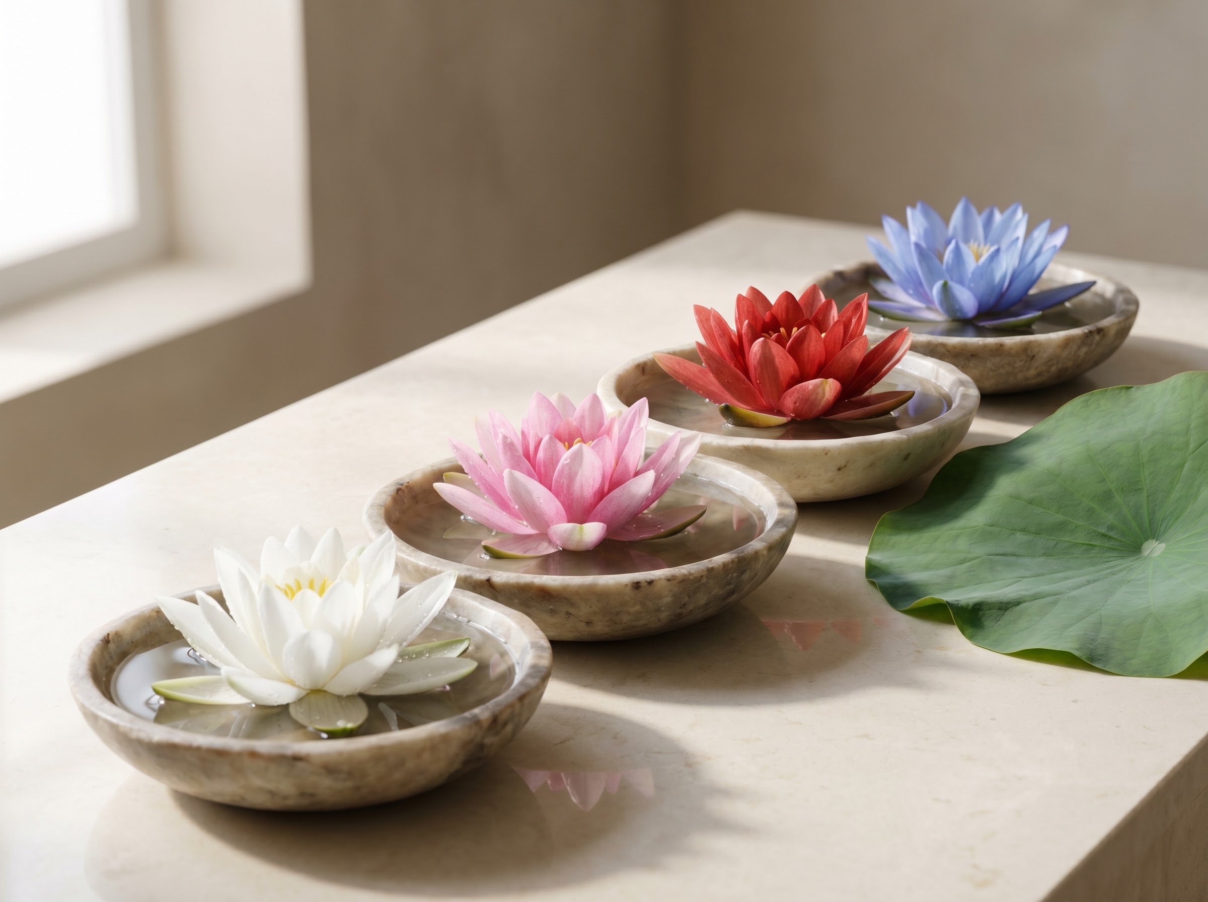 White, pink, red and blue lotus flowers shown together to compare lotus colour meanings