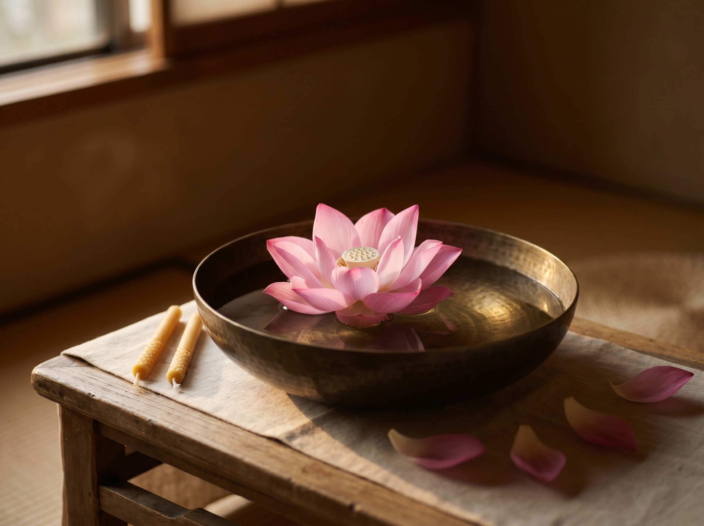 Pink lotus floating in a water bowl in a quiet Buddhist and Hindu spiritual setting