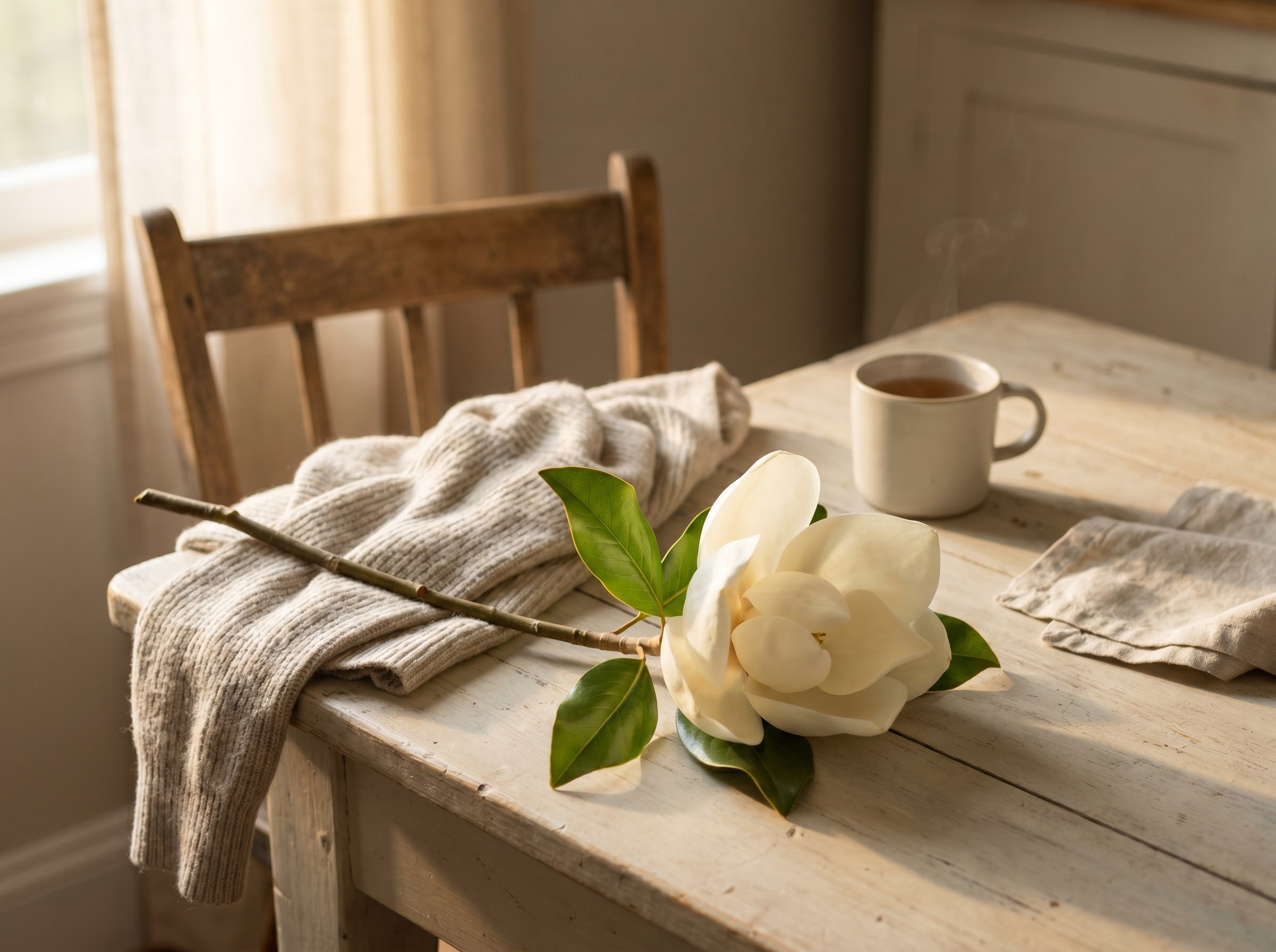 Handing a magnolia stem to a mother or mentor, a flower of admiration and respect