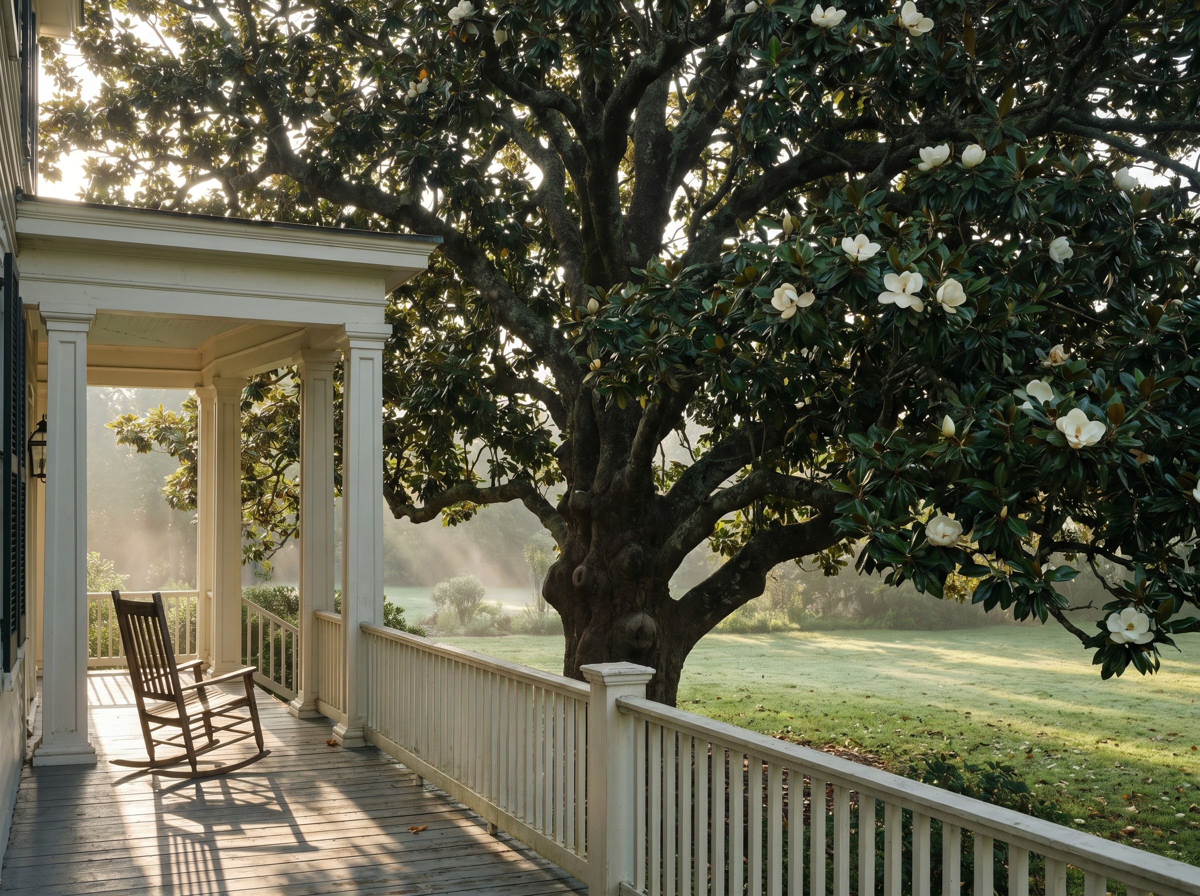 Mature magnolia tree over a Southern porch, emblem of gentility, beauty, and endurance