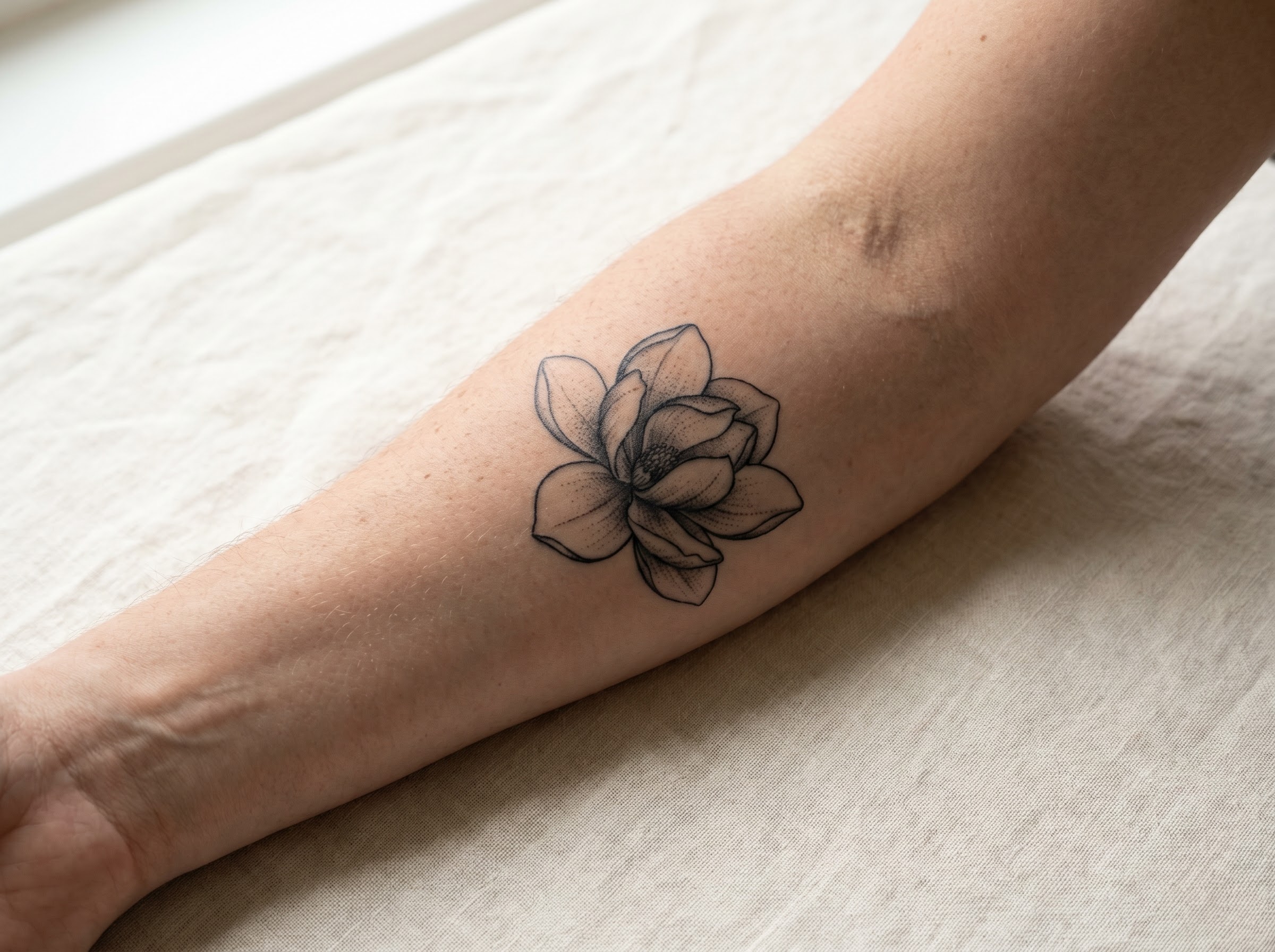 Magnolia tattoo on a forearm signifying dignity, quiet strength, and Southern roots
