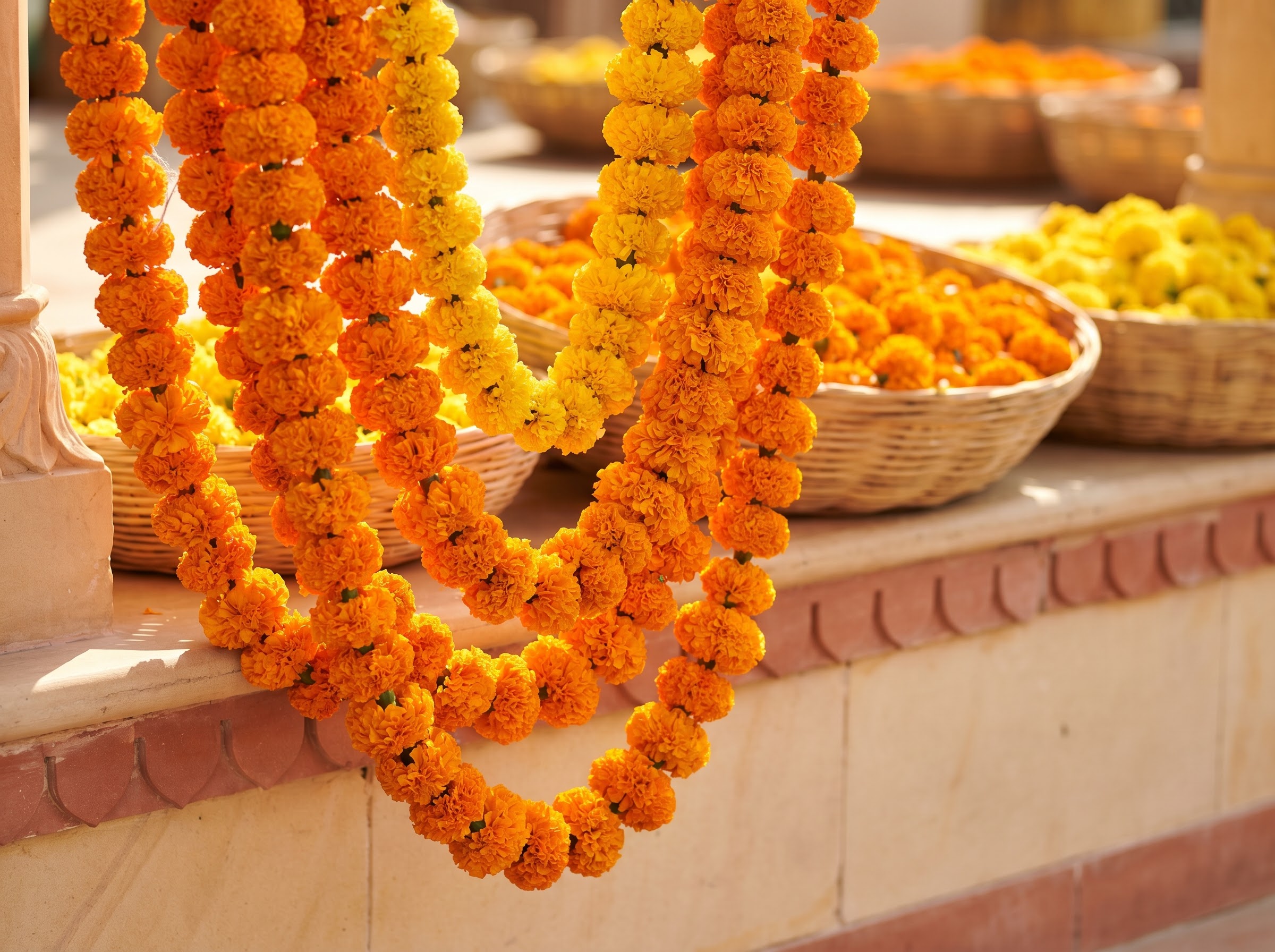 Strung orange marigold garlands for an Indian wedding and temple, a sign of blessing