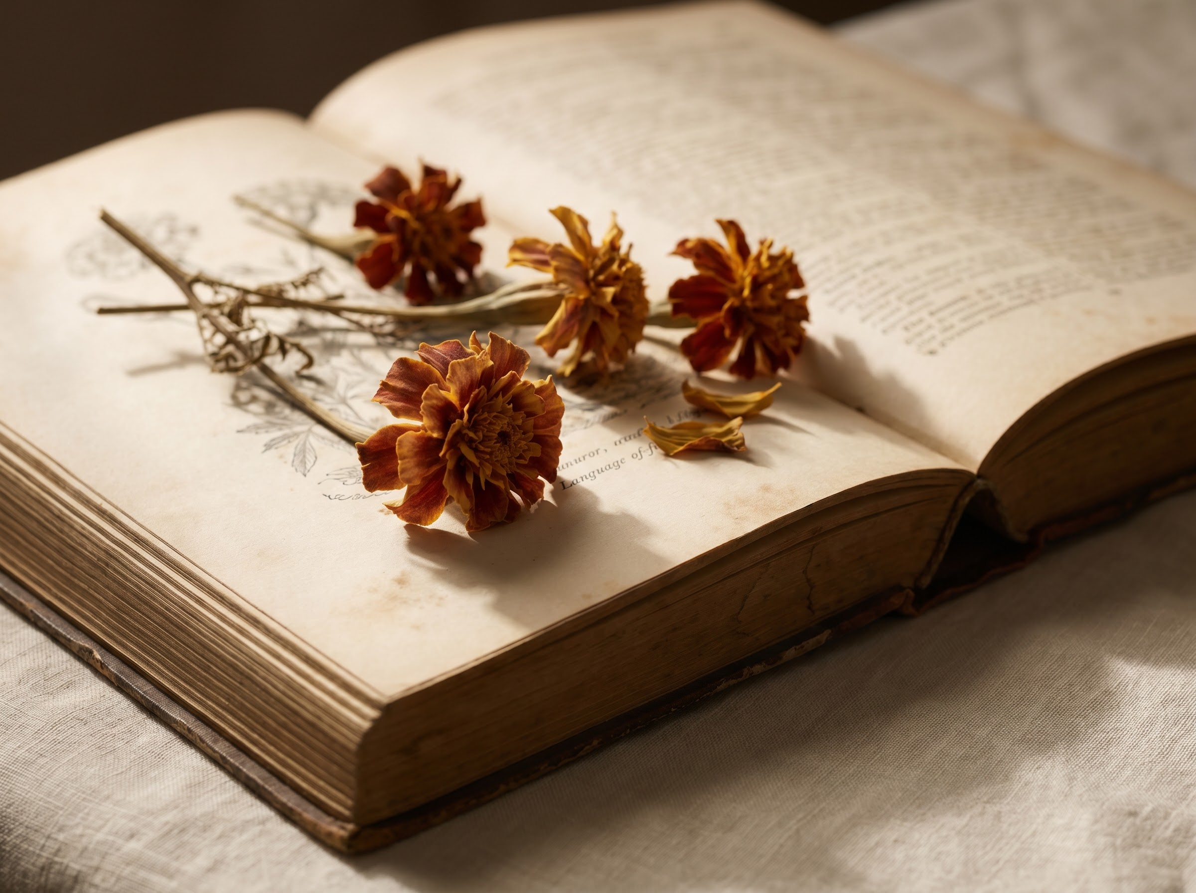 Open Victorian language-of-flowers dictionary with dried marigold blooms in soft light