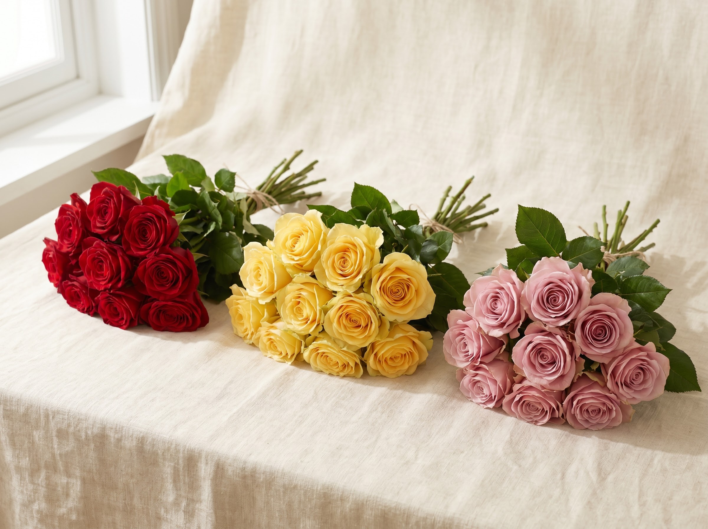 Three equal rose bouquets in red, yellow and pink showing how colour changes the message