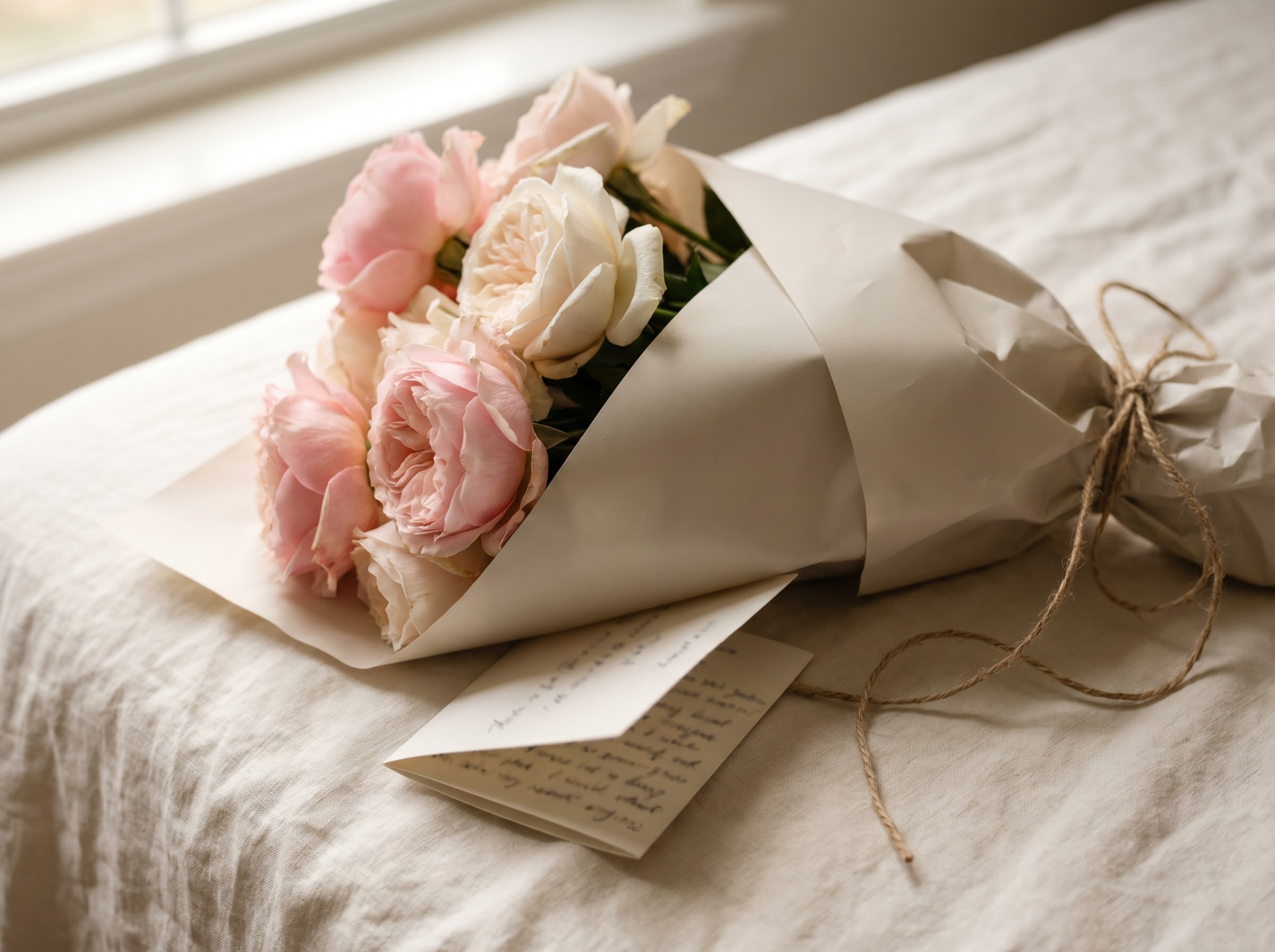 Wrapped roses with a handwritten card tucked among the stems, showing the gesture matters more than the count