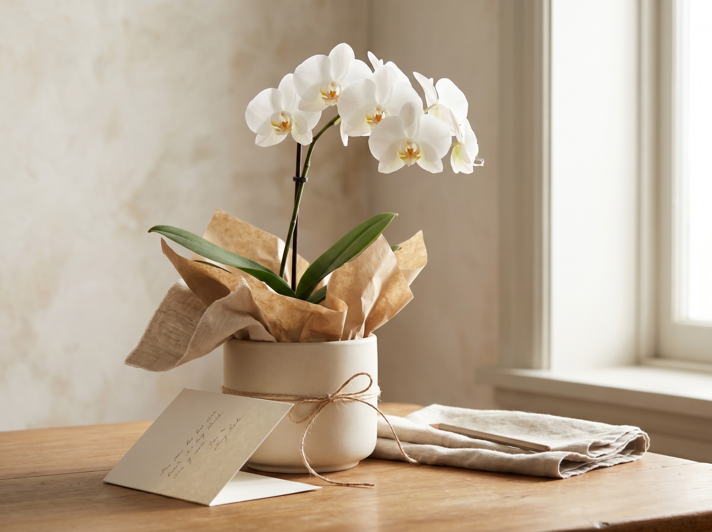 Potted moth orchid gift with a handwritten admiration card on a cream table