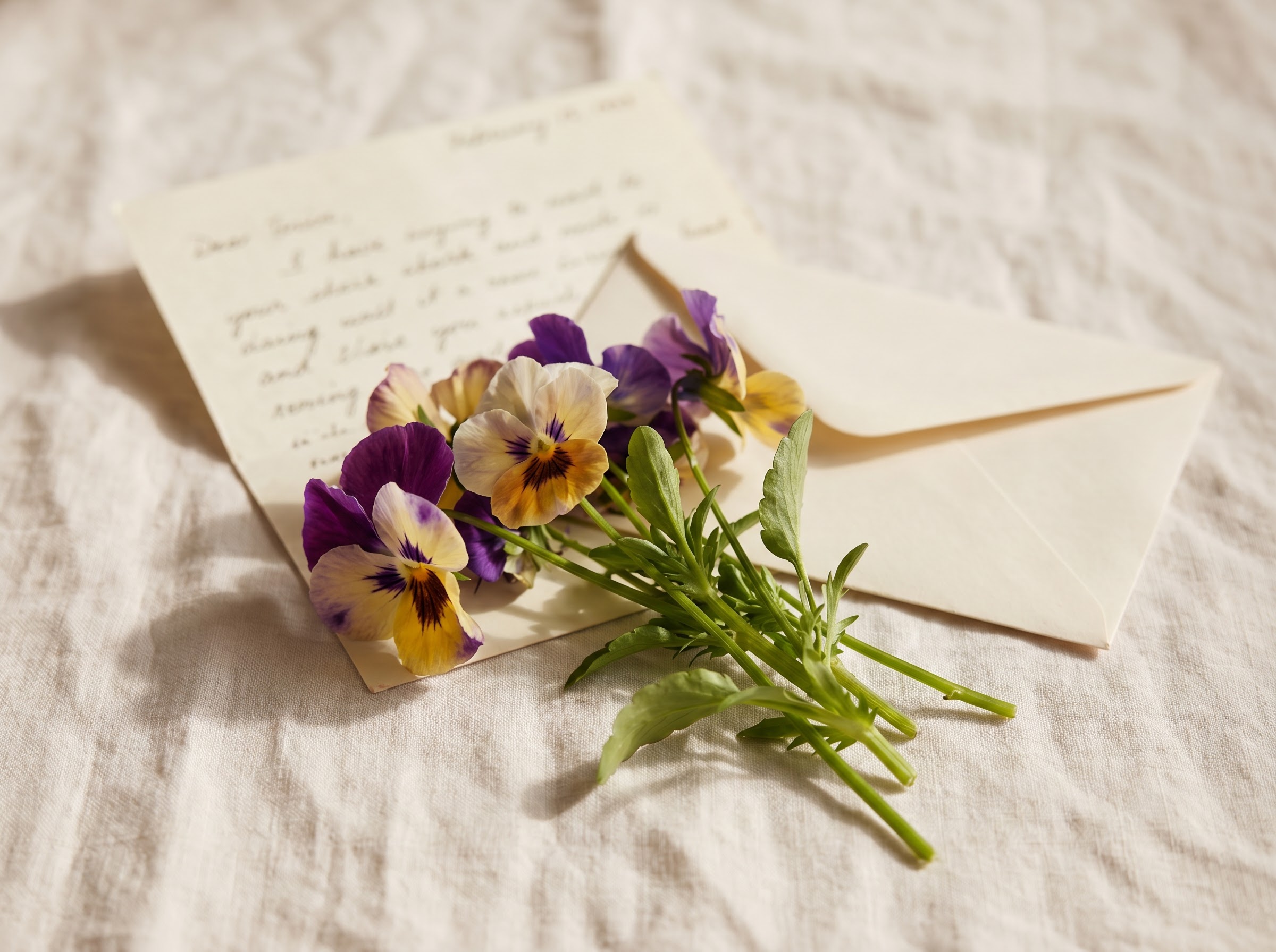 Cut pansies resting on a handwritten note evoking a thinking-of-you message across distance