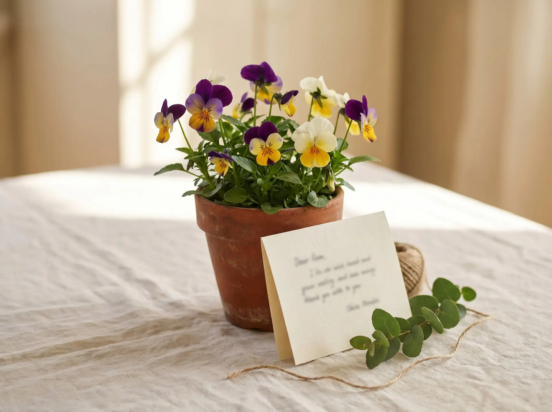 Potted pansies beside a handwritten gift card matching the thinking-of-you flower meaning