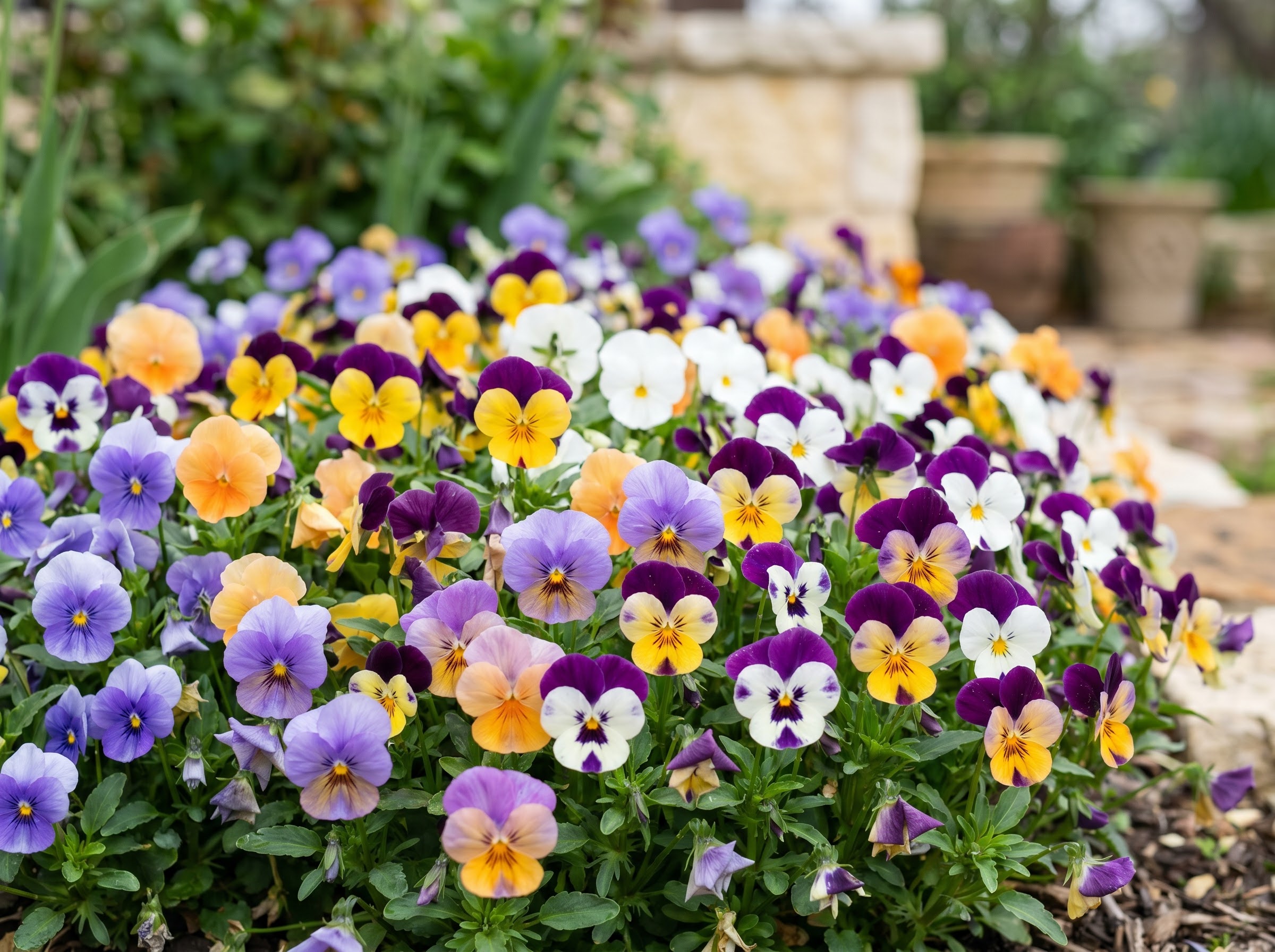 Bed of multicolored pansies blooming in cool mild light during a shoulder season
