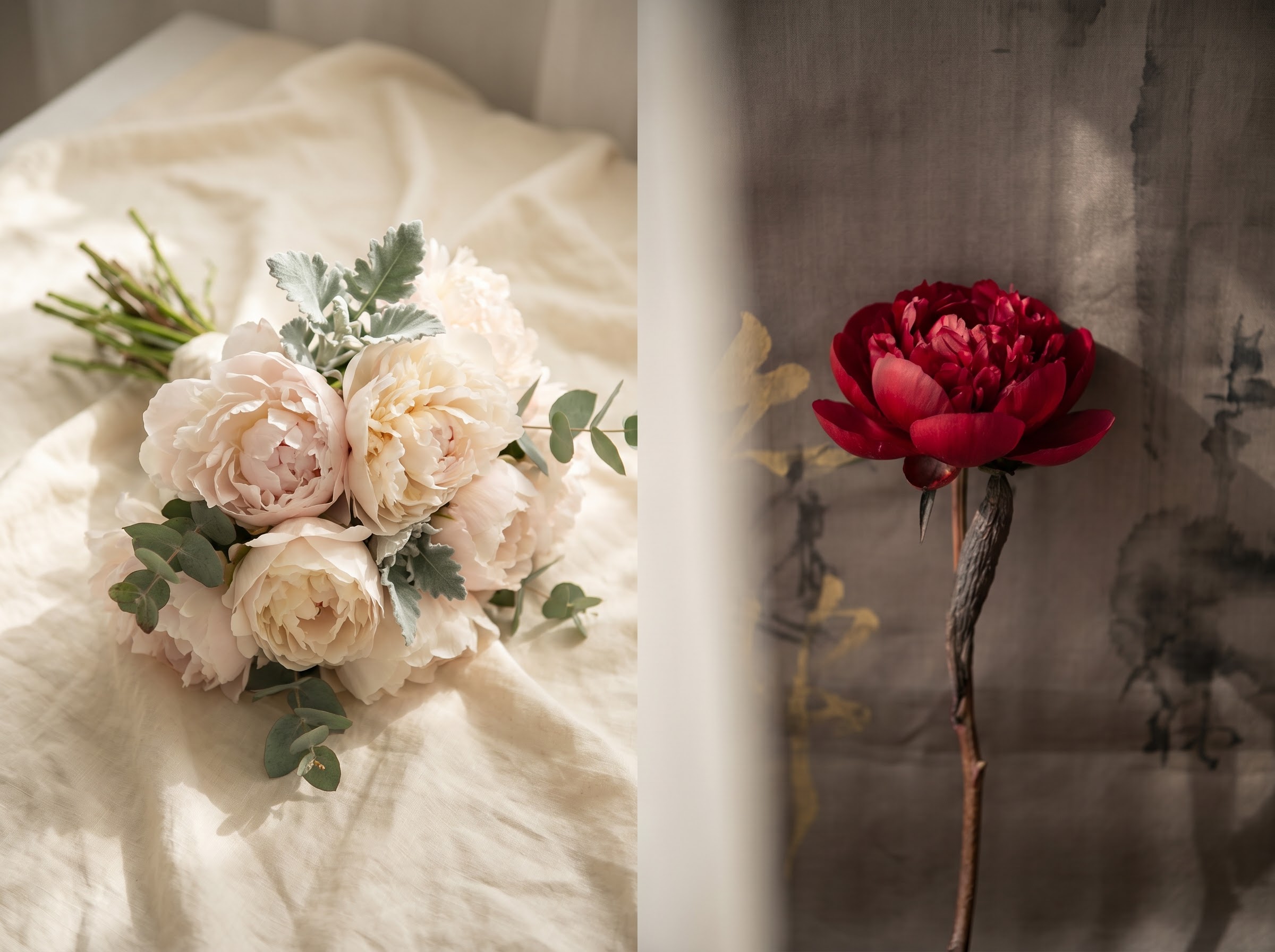 Western bridal peony bouquet beside a Chinese-style red peony, the king of flowers contrast
