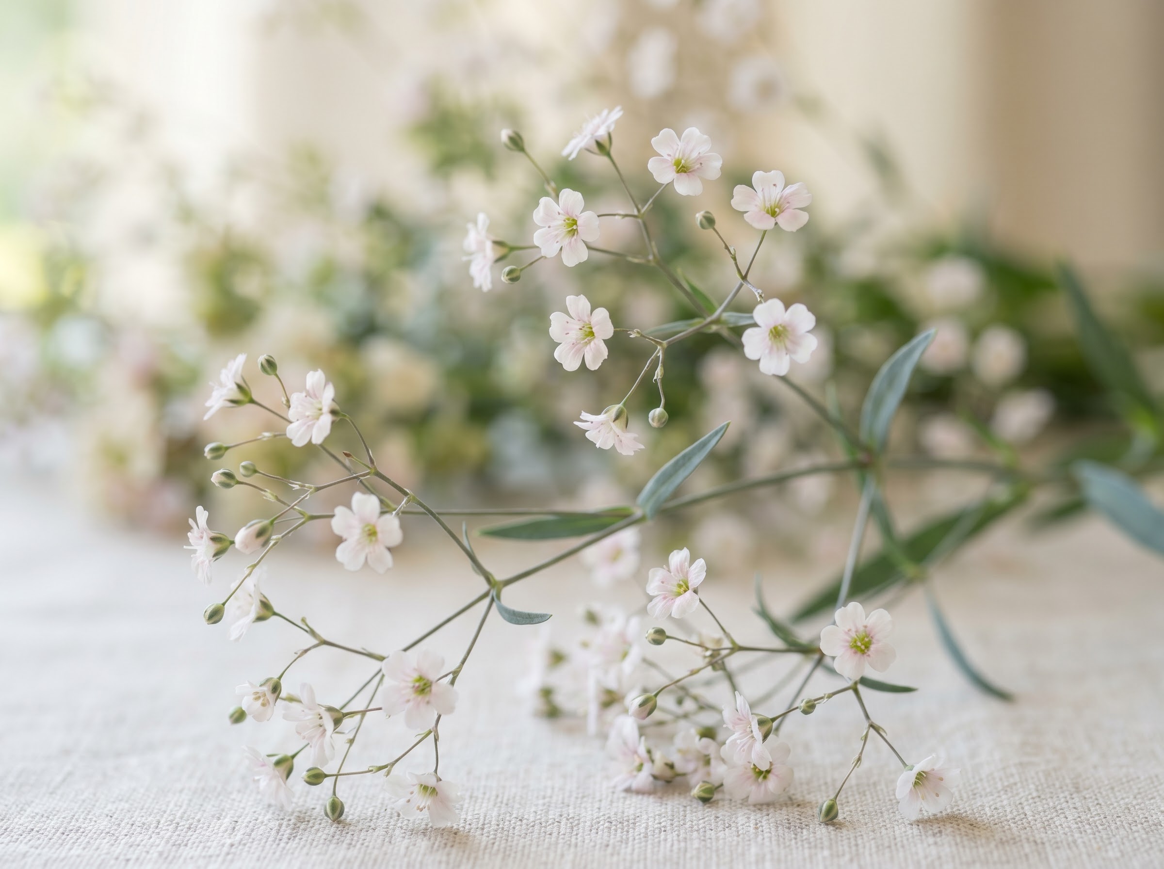 Baby's breath flowers with airy white blooms on slender branching stems in soft garden light