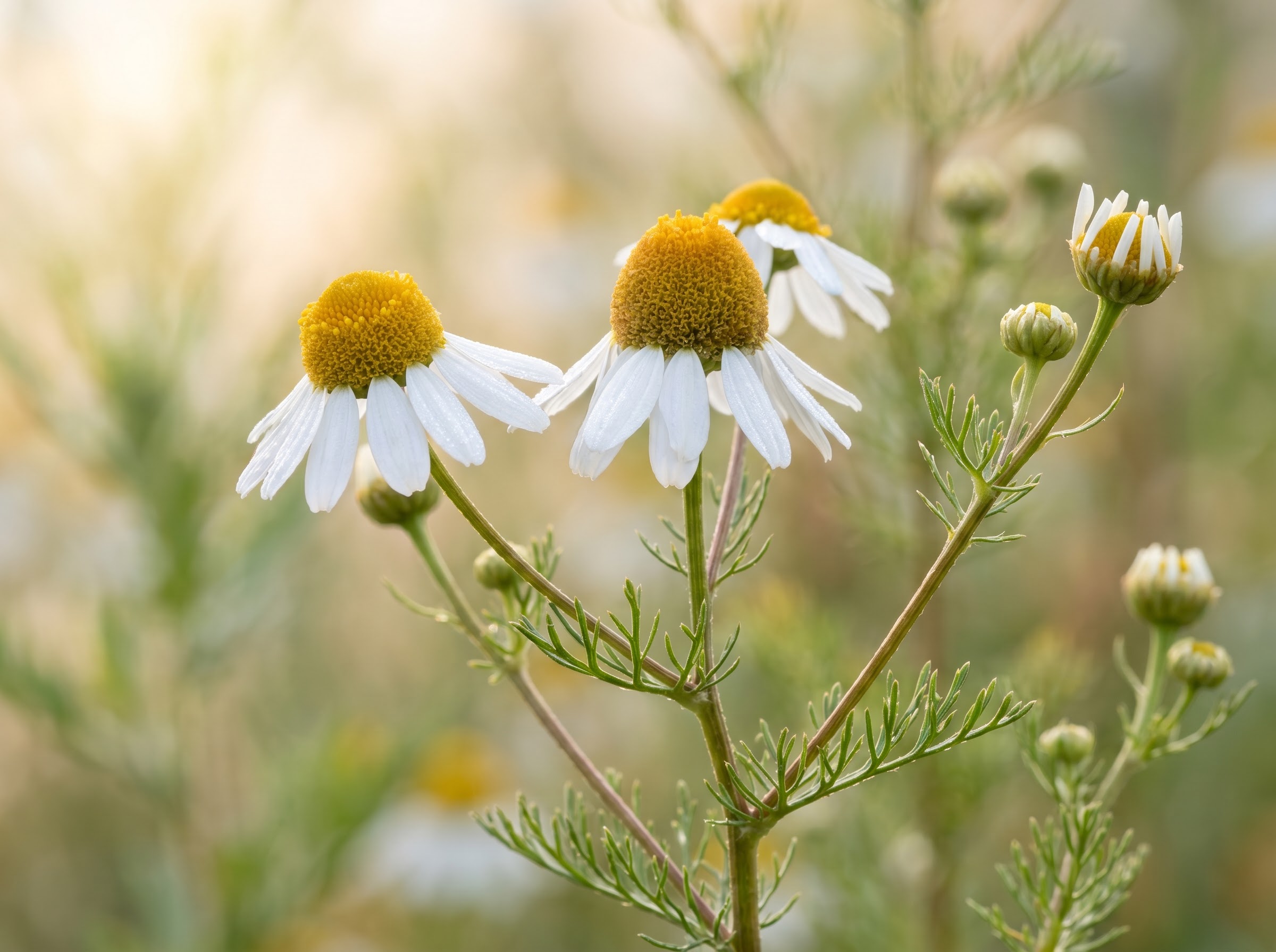 Close-up of white chamomile flowers with golden centers in a soft summer garden