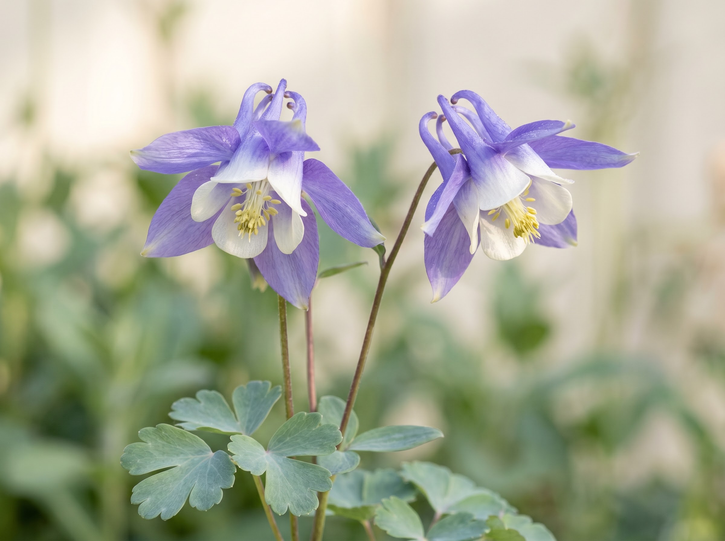 Columbine flower with nodding violet-blue and white blooms and spurred petals in a soft garden